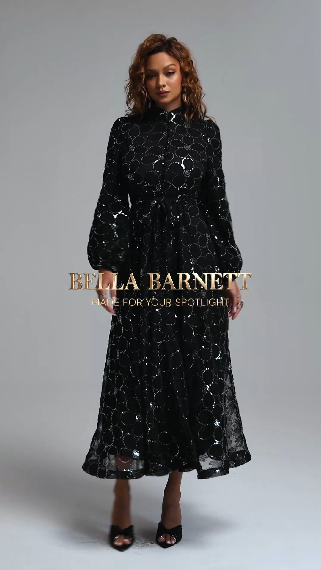 Nona Elegant Flowy Long Sleeve Floral Sequin Woven Maxi Dress