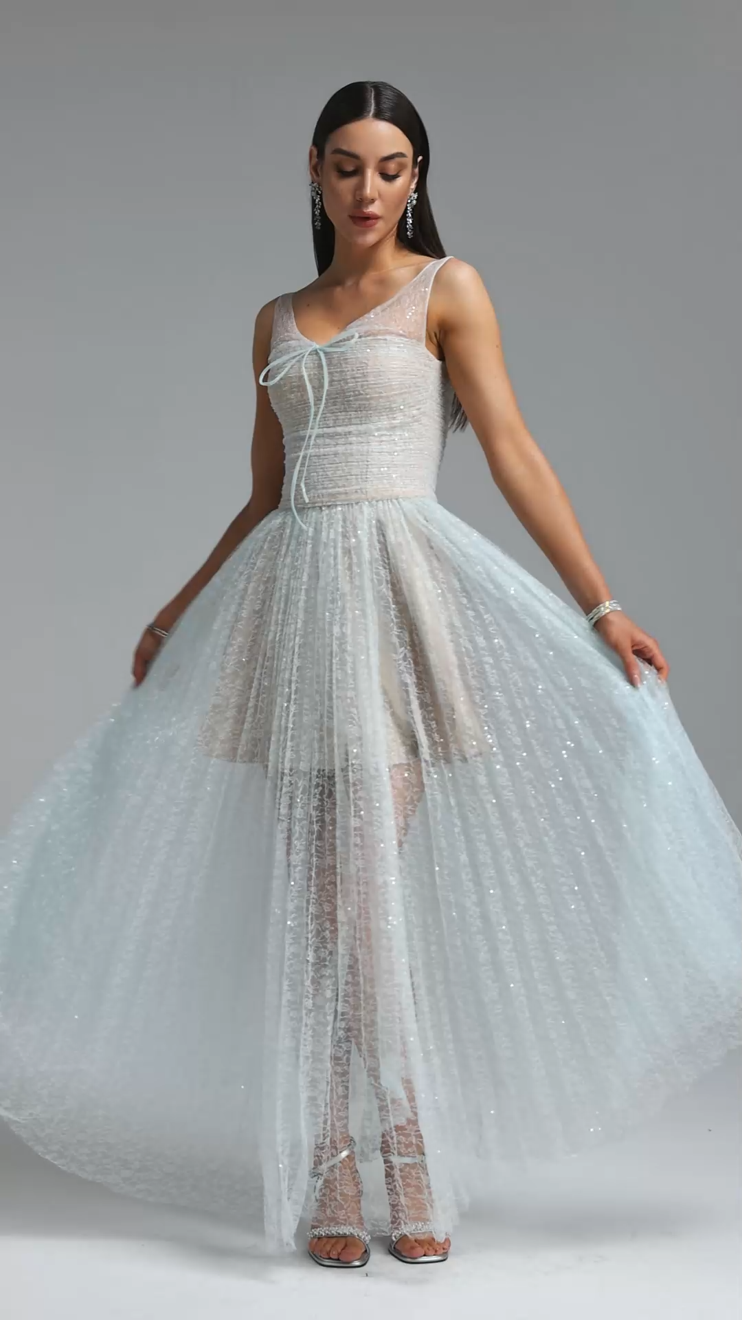 Geralynne Romantic Contour Spaghetti Strap Ruched Tie Sparkle Tulle Maxi Dress