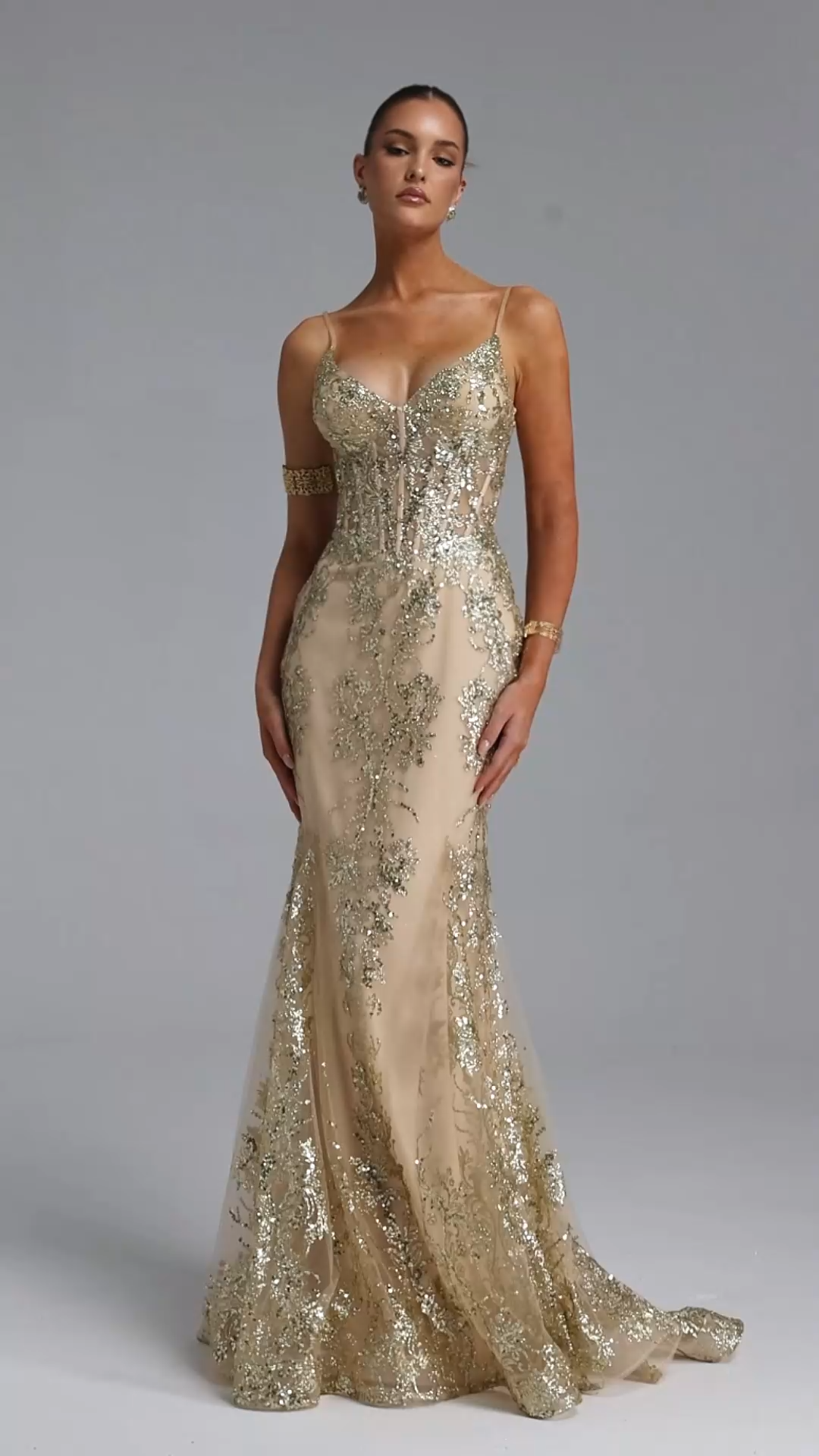 Miriam Elegant Contour V Neck Sequin Maxi Dress