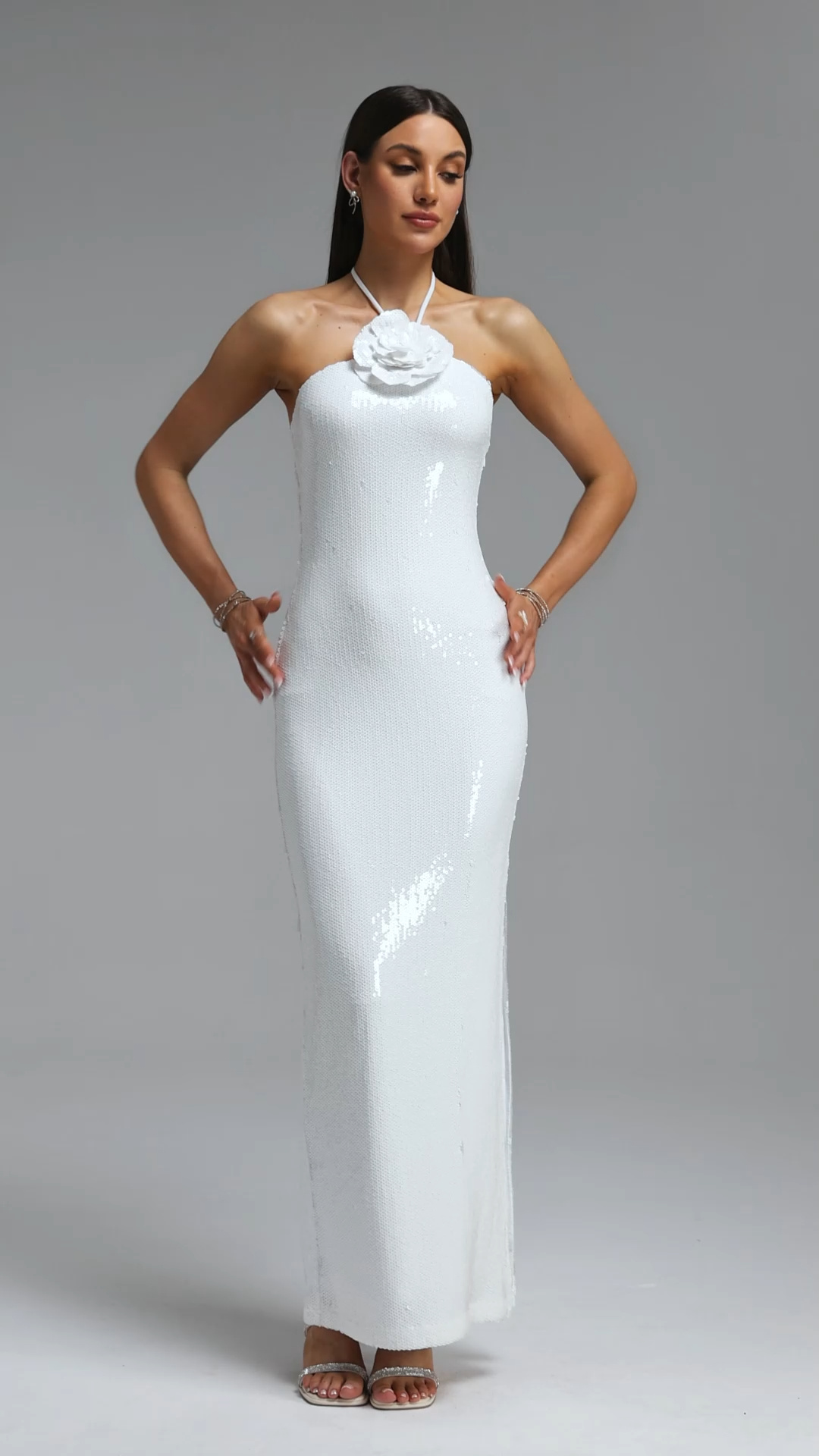 Winry Elegant Contour Halter Floral Sequin Woven Maxi Dress