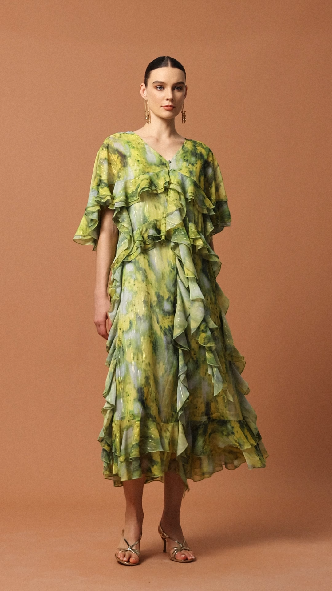 Kasai V-Neck Short Sleeves Printed Folds Maxi Dress