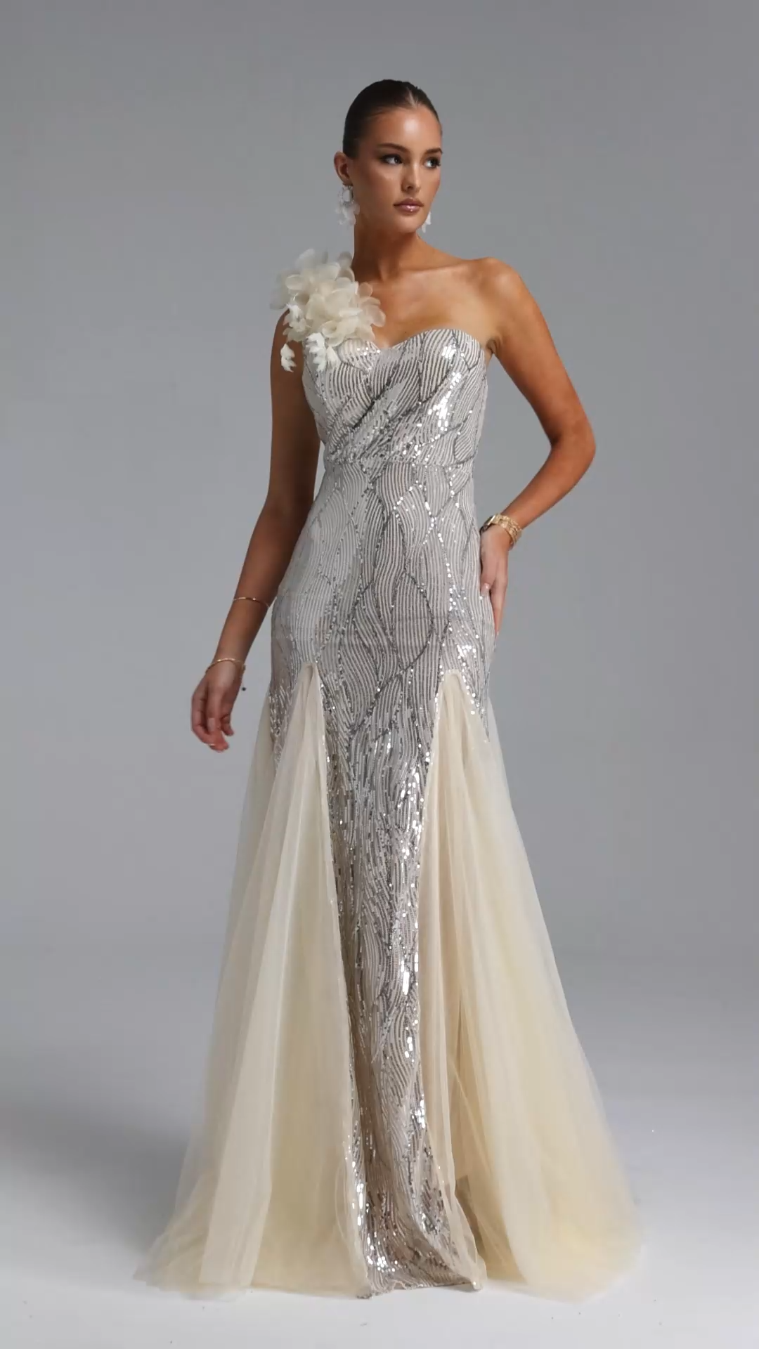 Kassy Elegant Contour One Shoulder Sequin Maxi Dress