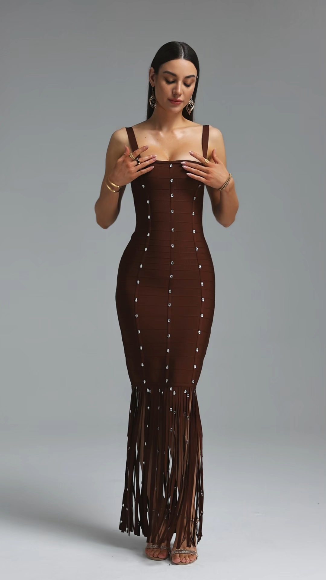 Leah Sleeveless Diamond Tassel Bandage Brown Maxi Dress