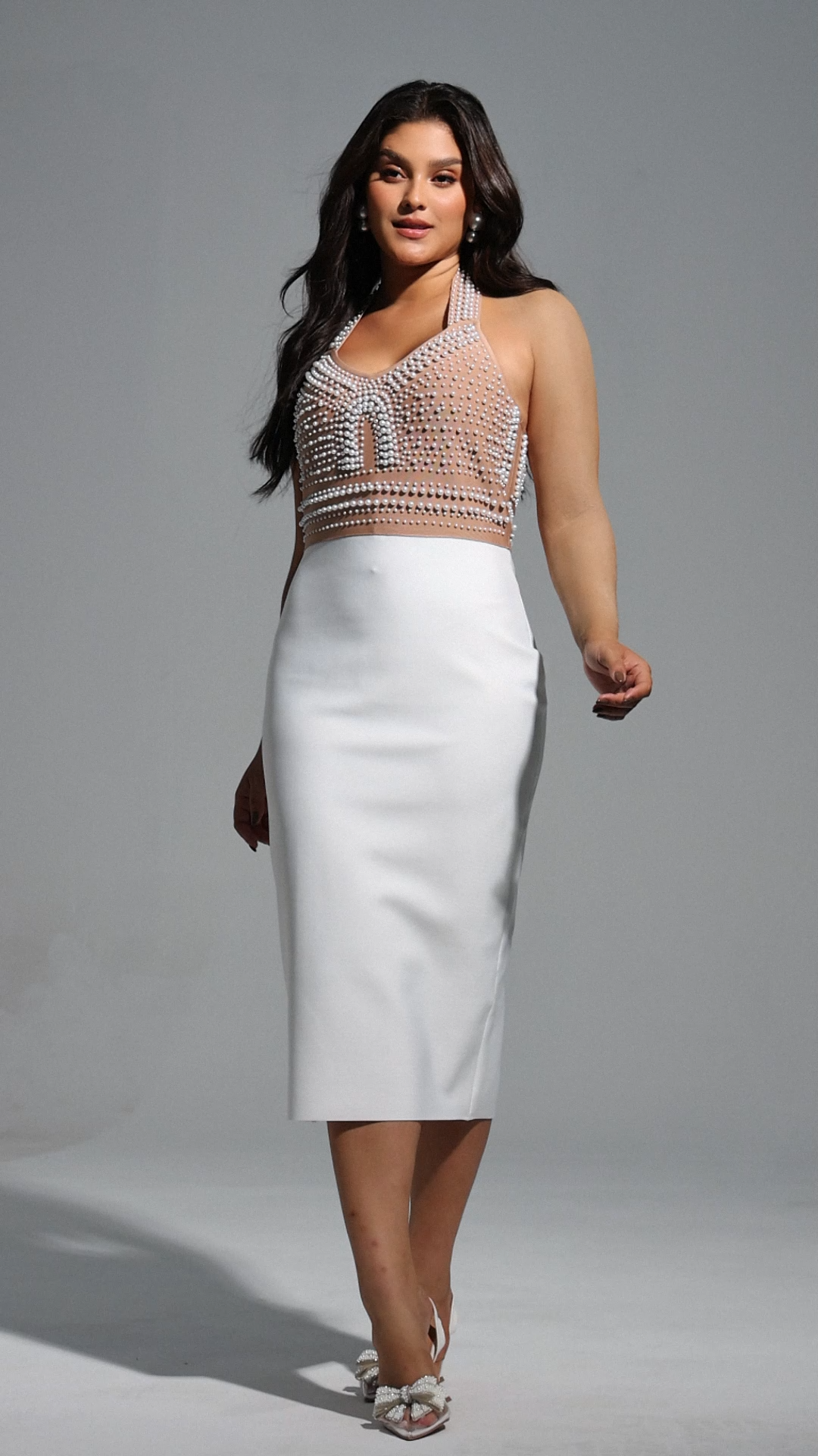 Cornelia Pearl Halter Bandage Dress - Beige