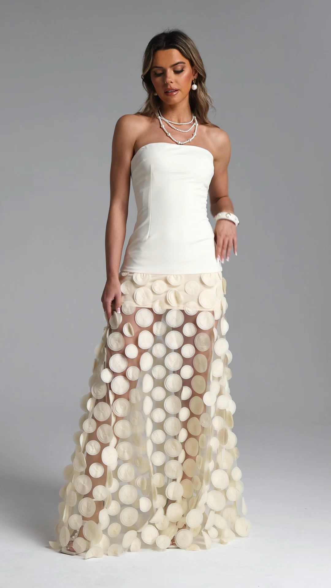 Falzer Sleeveless Netting Wafer Beige Maxi Dress