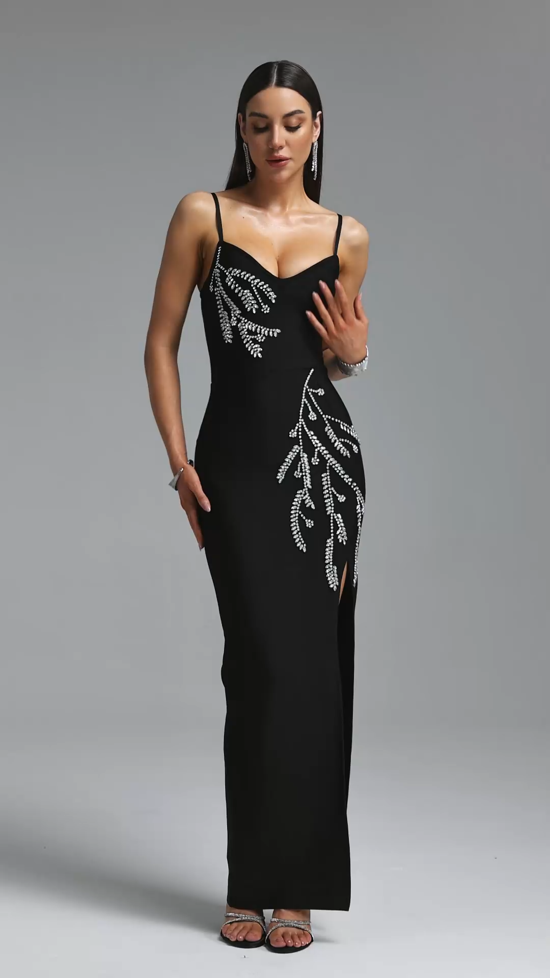 Farrah Chic Contour Spaghetti Strap V Neck Leaf Rhinestone High Slit Bandage Maxi Dress