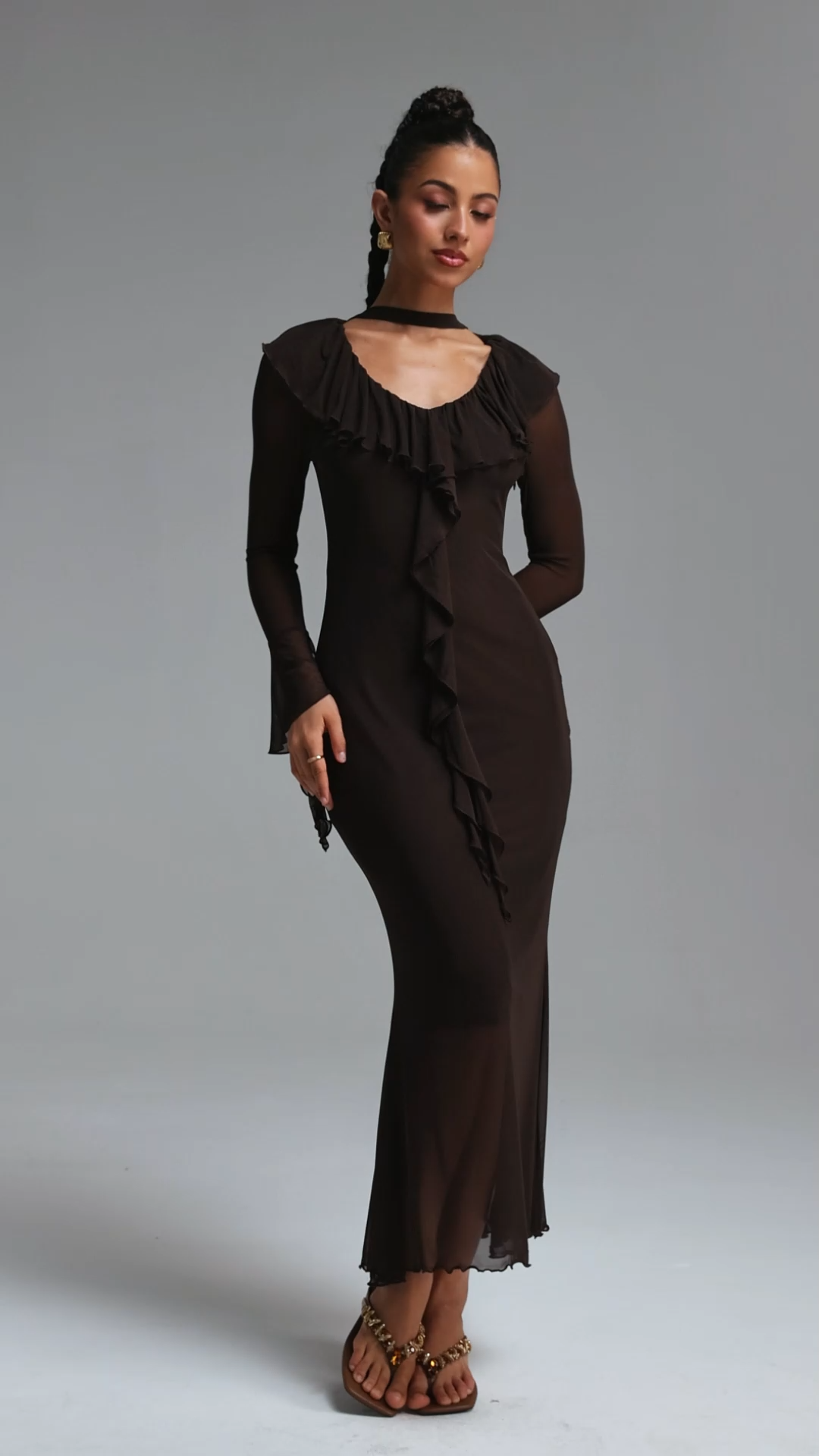 Ymire Romantic Contour Long Sleeve Ruffle Mesh Maxi Dress