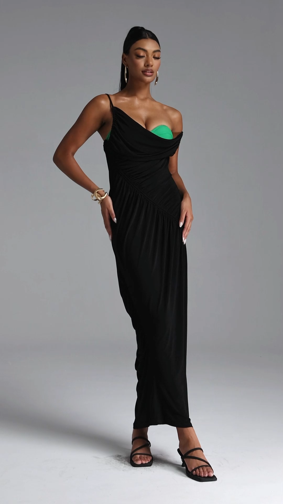 Shaha Sexy Contour High Slit Ruched Contrast Maxi Dress