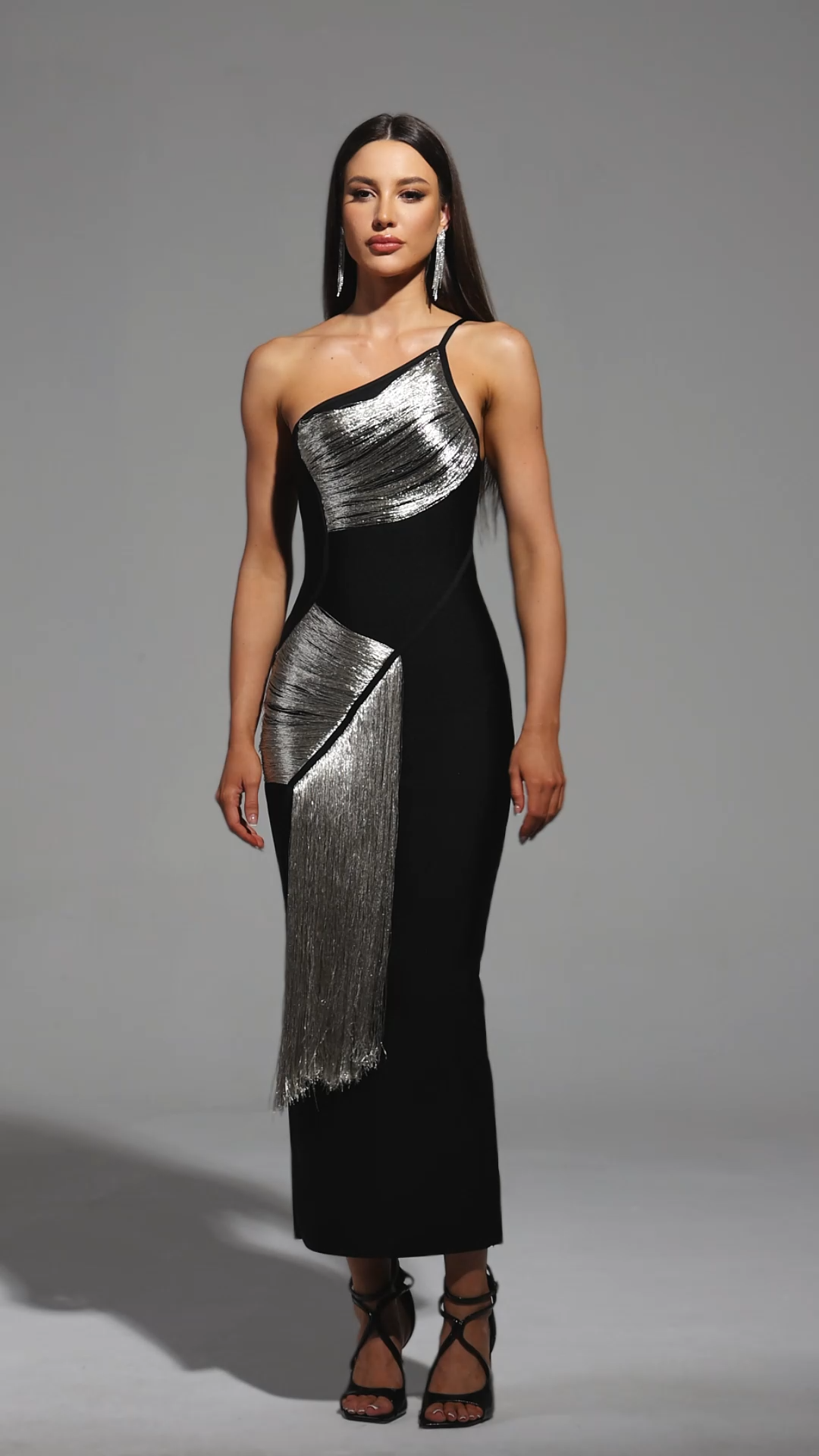 Roanna One Shoulder Sleeveless Tassels Bandage Maxi Dress