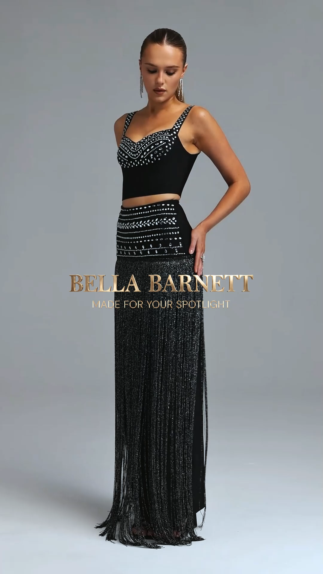 Lucy Stylish Rhinestone Top Tassel Midi Skirt Bandage Two Piece Set