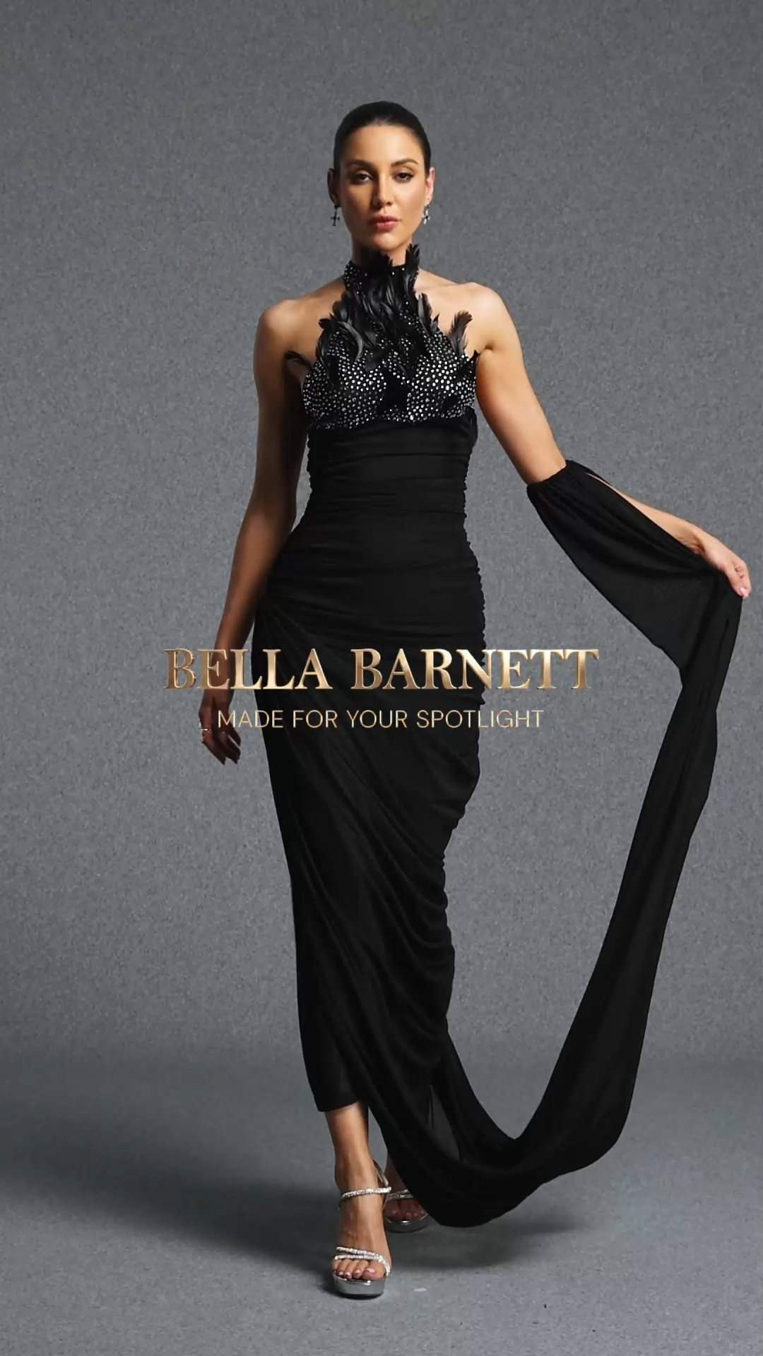 Lliana Classic Halter Sleeveless Feather Rhinestone Pleated Maxi Dress