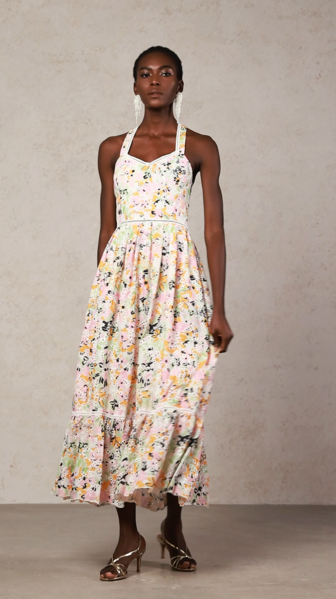 Loru Halter Floral Printed Lace Maxi Dress