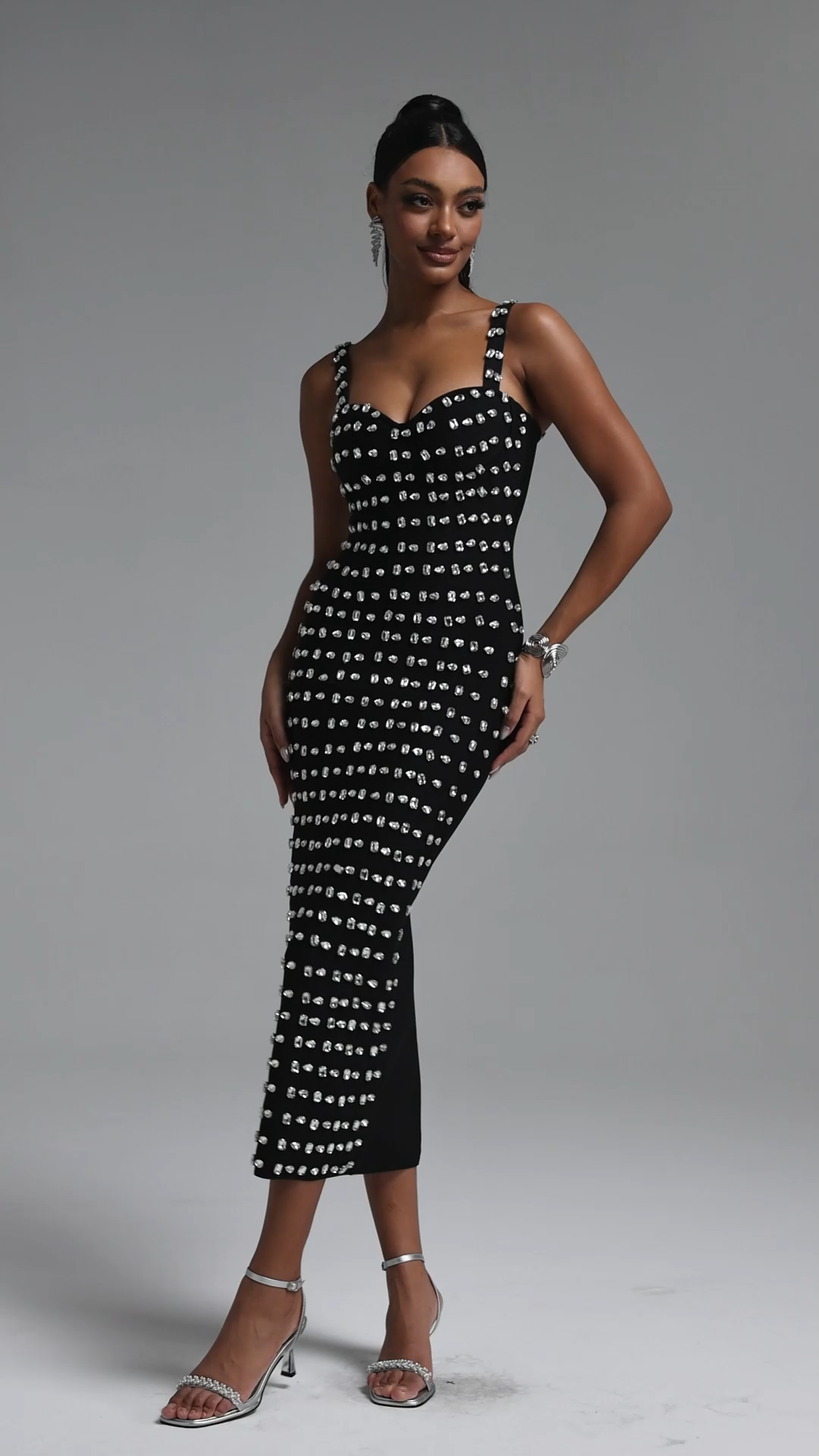 Mayali Exquisite Waist-Cinched Spaghetti Strap Hand Rhinestone Long Bandage Dress
