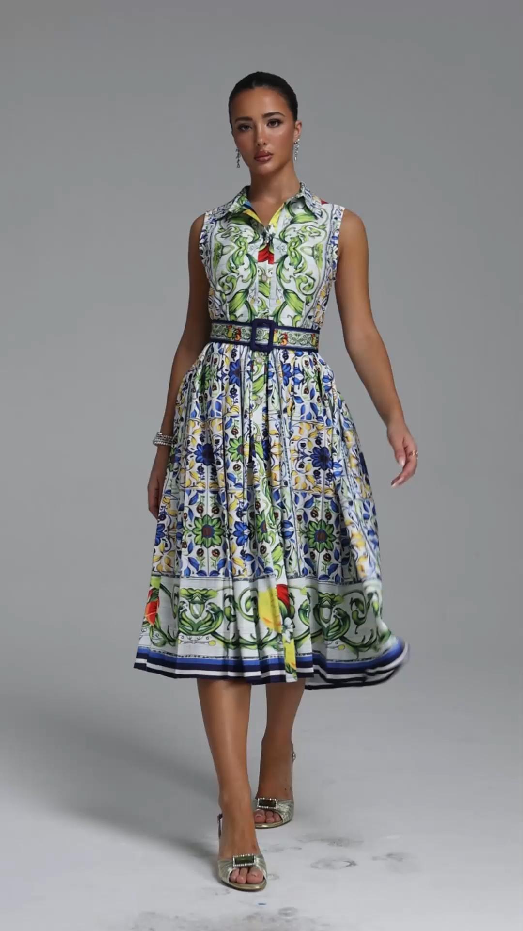 Saffie Resort Tailored Sleeveless Floral Print Woven Midi Dress