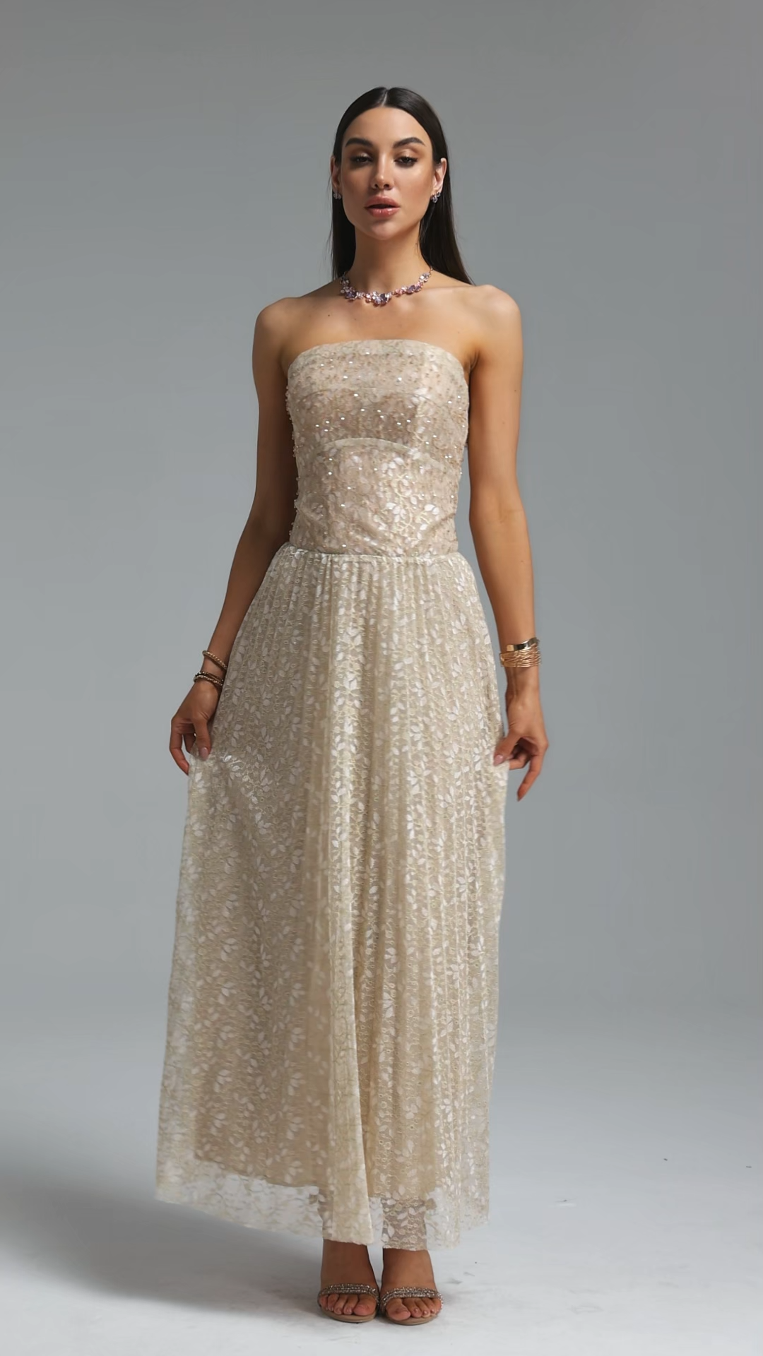 Elissa Romantic Contour Strapless Rhinestone Floral Lace Maxi Dress