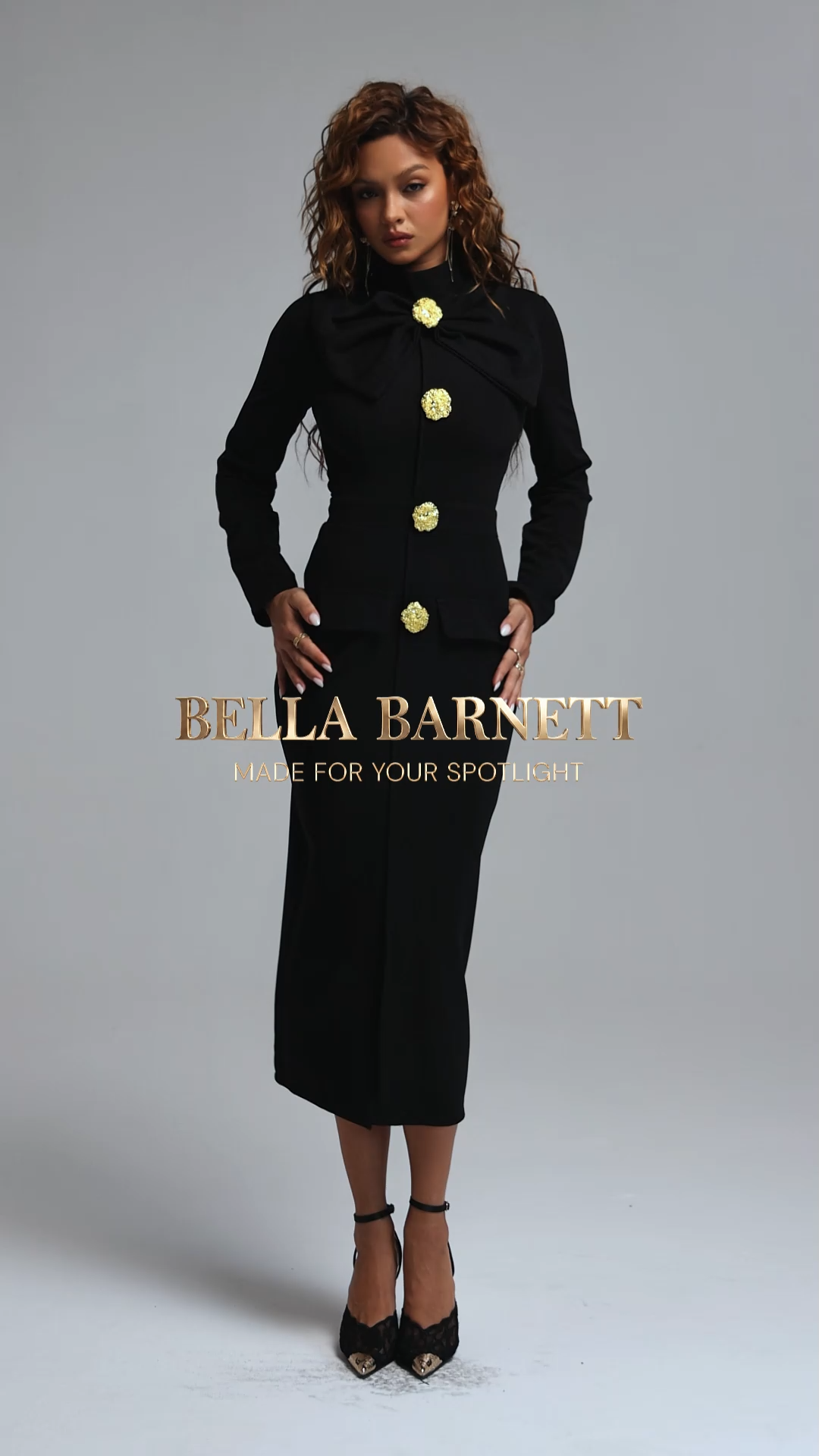 Ekala Elegant Tailored Bow Mock Neck Gold Button Woven Maxi Dress
