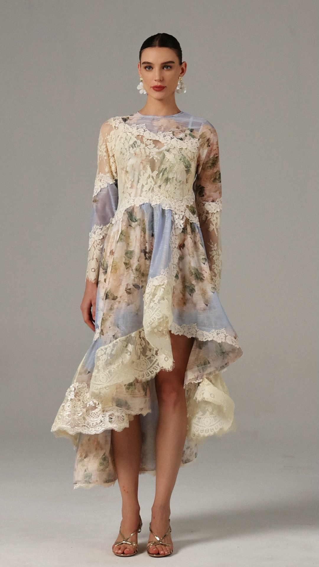 Wanda Long Sleeves Floral Printed Asymmetric Lace Maxi Dress