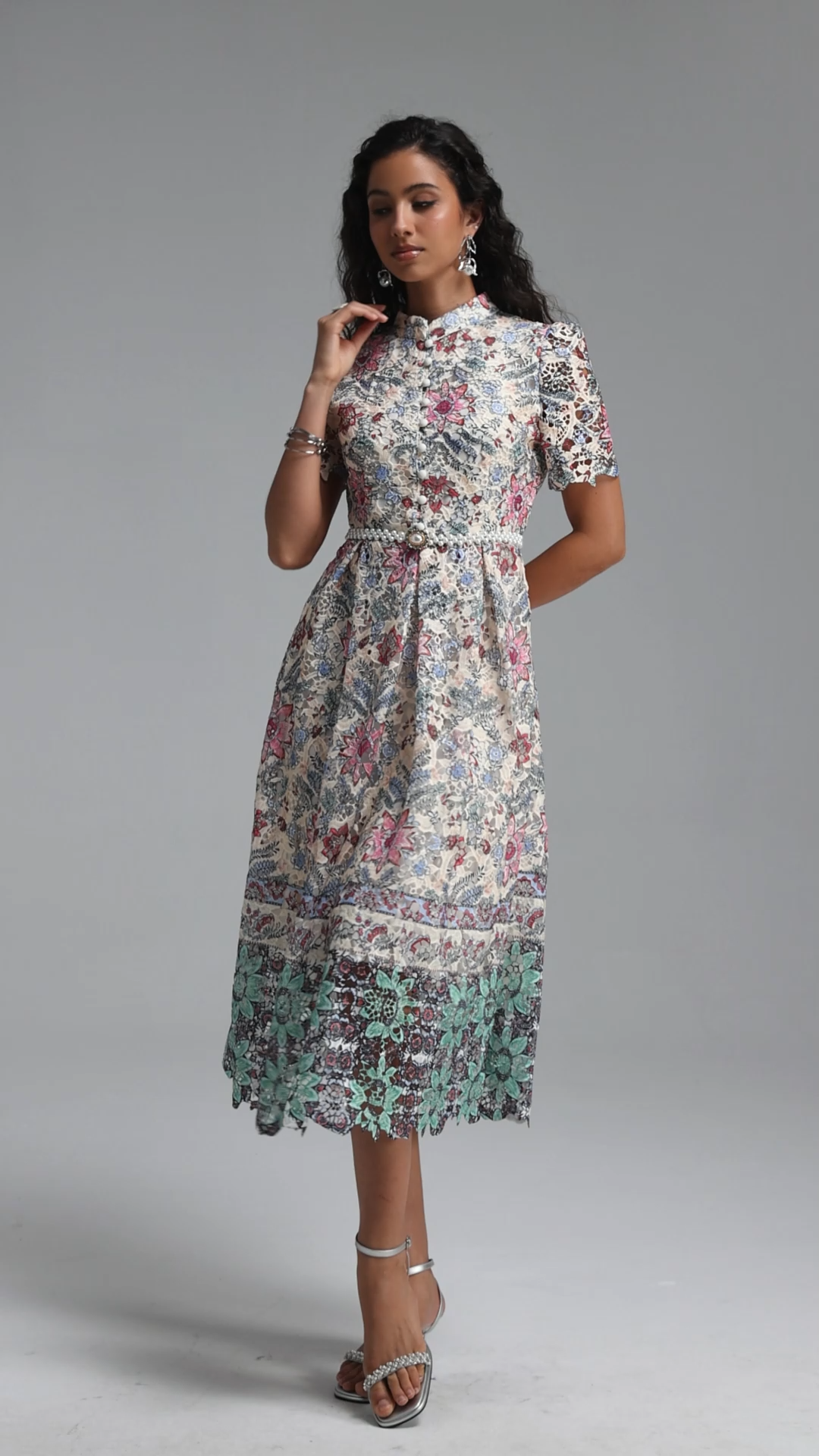 Rojo Resort Flowy Short Sleeve Floral Print Lace Midi Dress