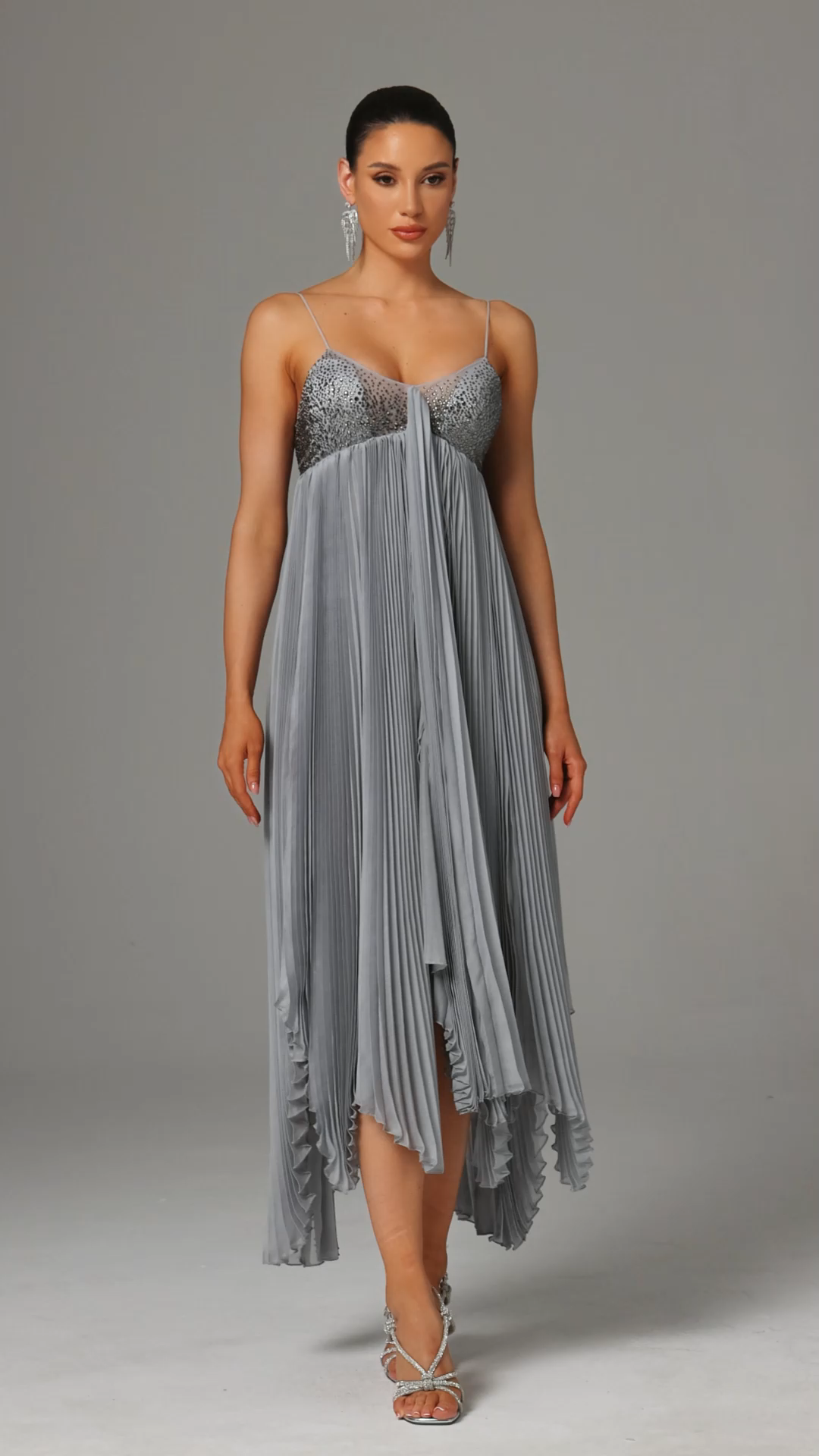 Zaina V-Neck Sequin Pleated Cami Maxi Dress