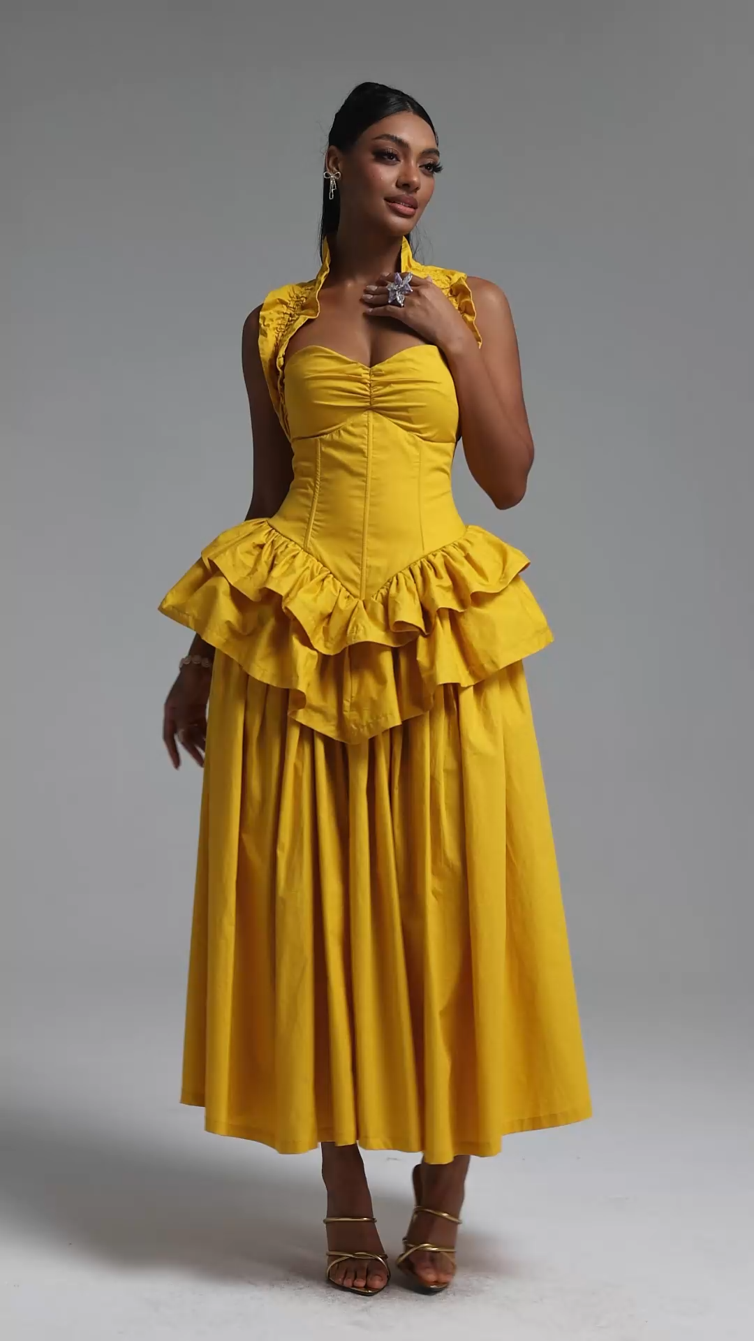 Shea Elegant Waist-Cinched Halter Neck Ruffled Maxi Dress