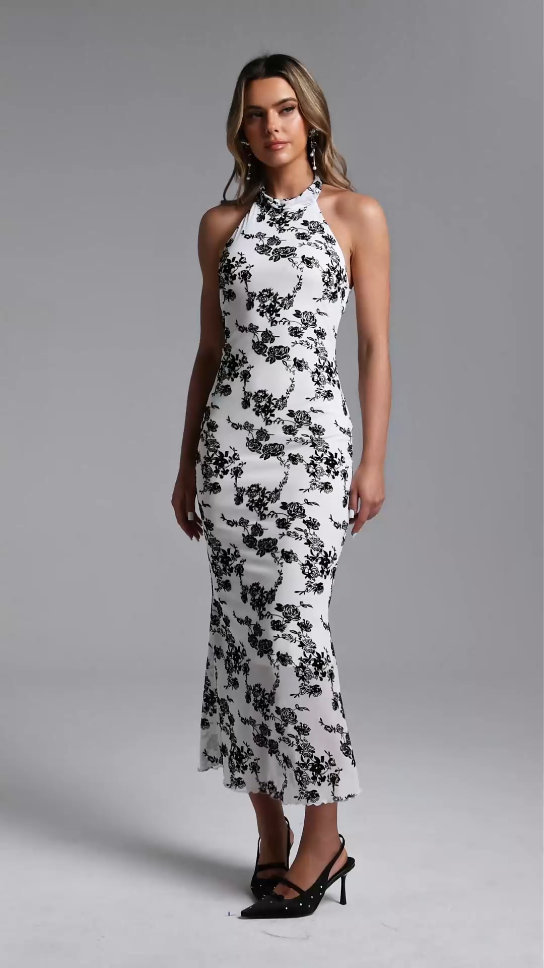 Traci Elegant Contour Halter Floral Maxi Dress
