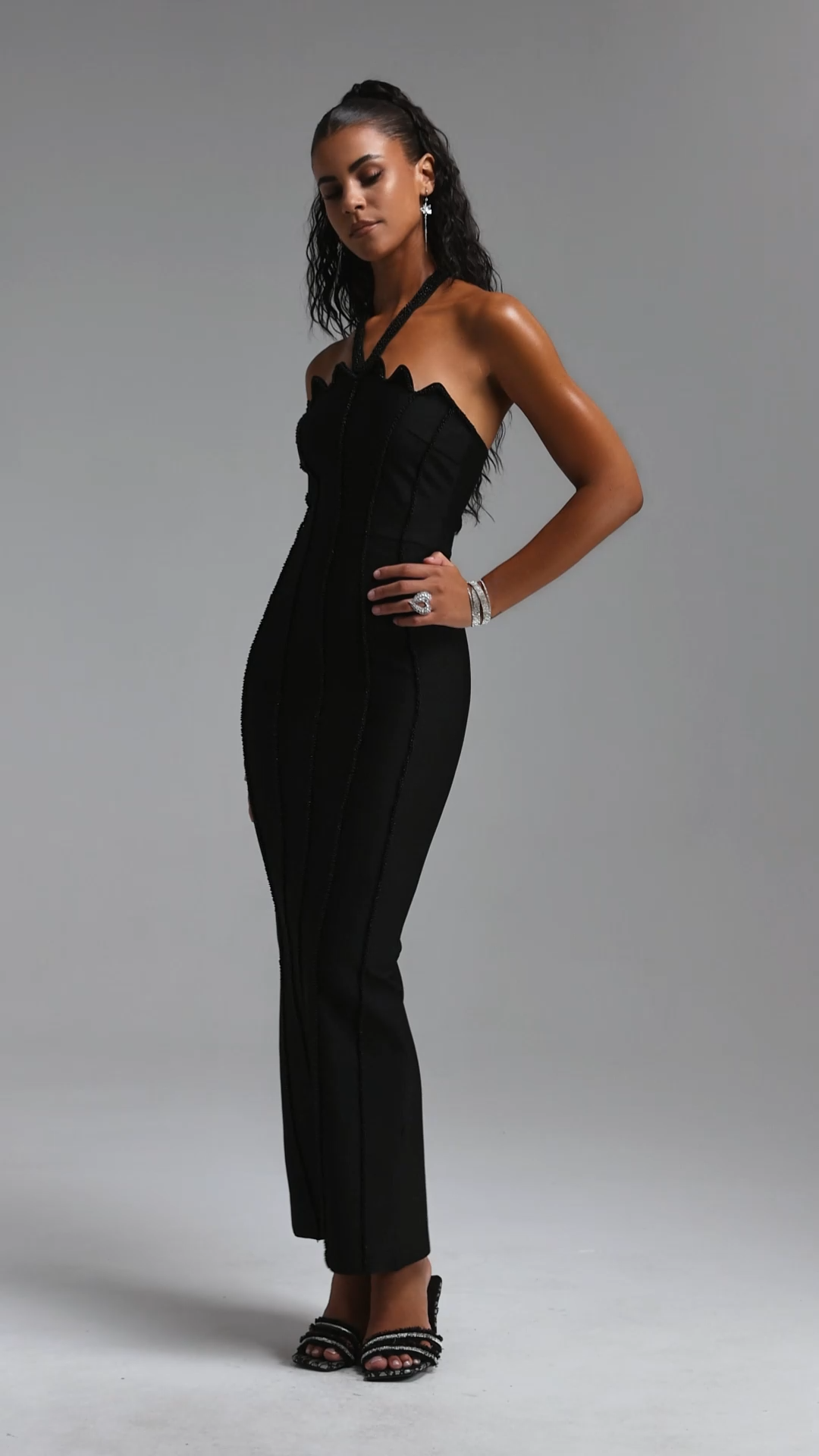 Kalene Glamorous Halter Scallop Edge Black Bead Bandage Maxi Dress
