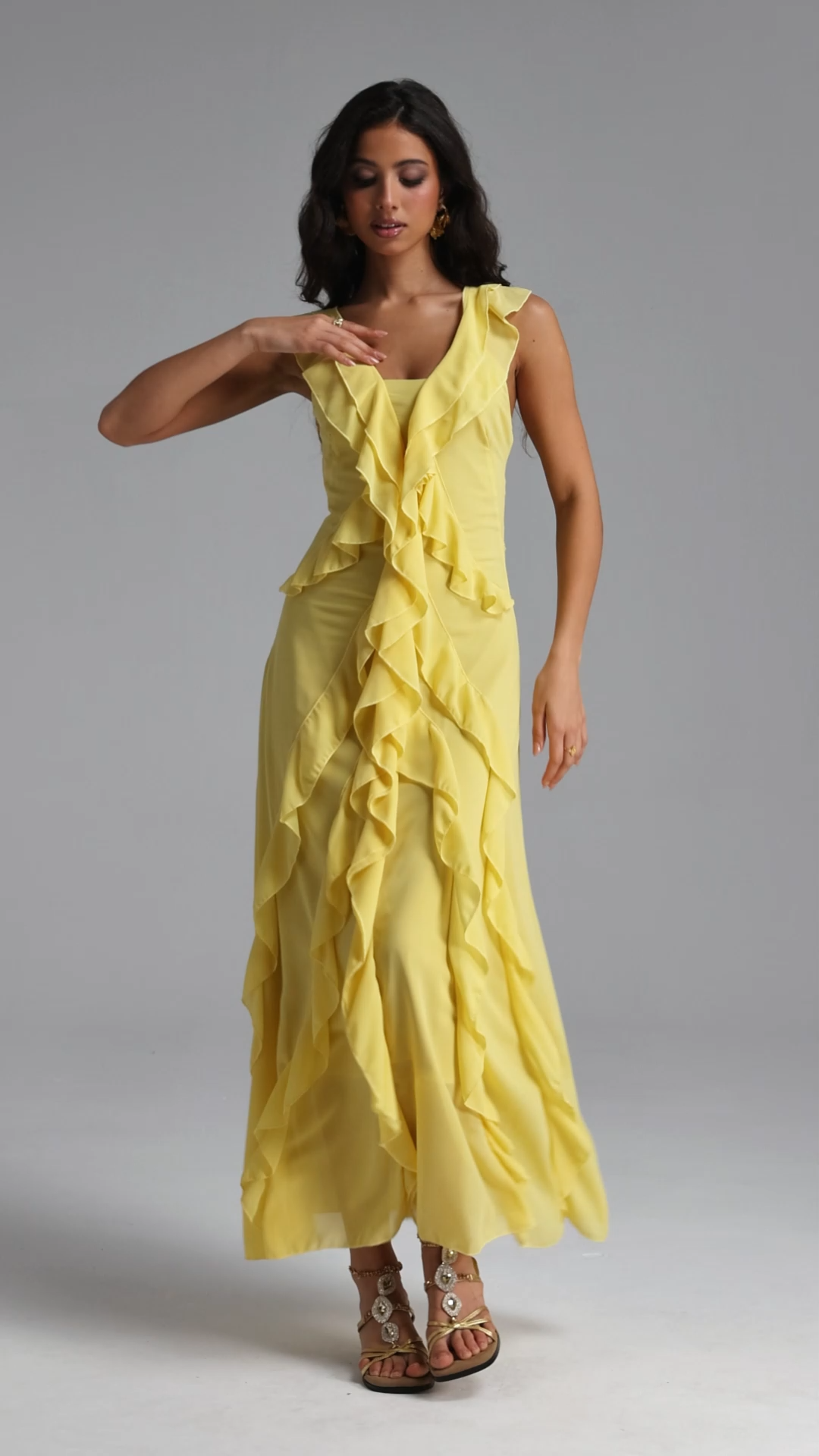 Sabrina Resort Flowy Sleeveless Ruffle Chiffon Maxi Dress