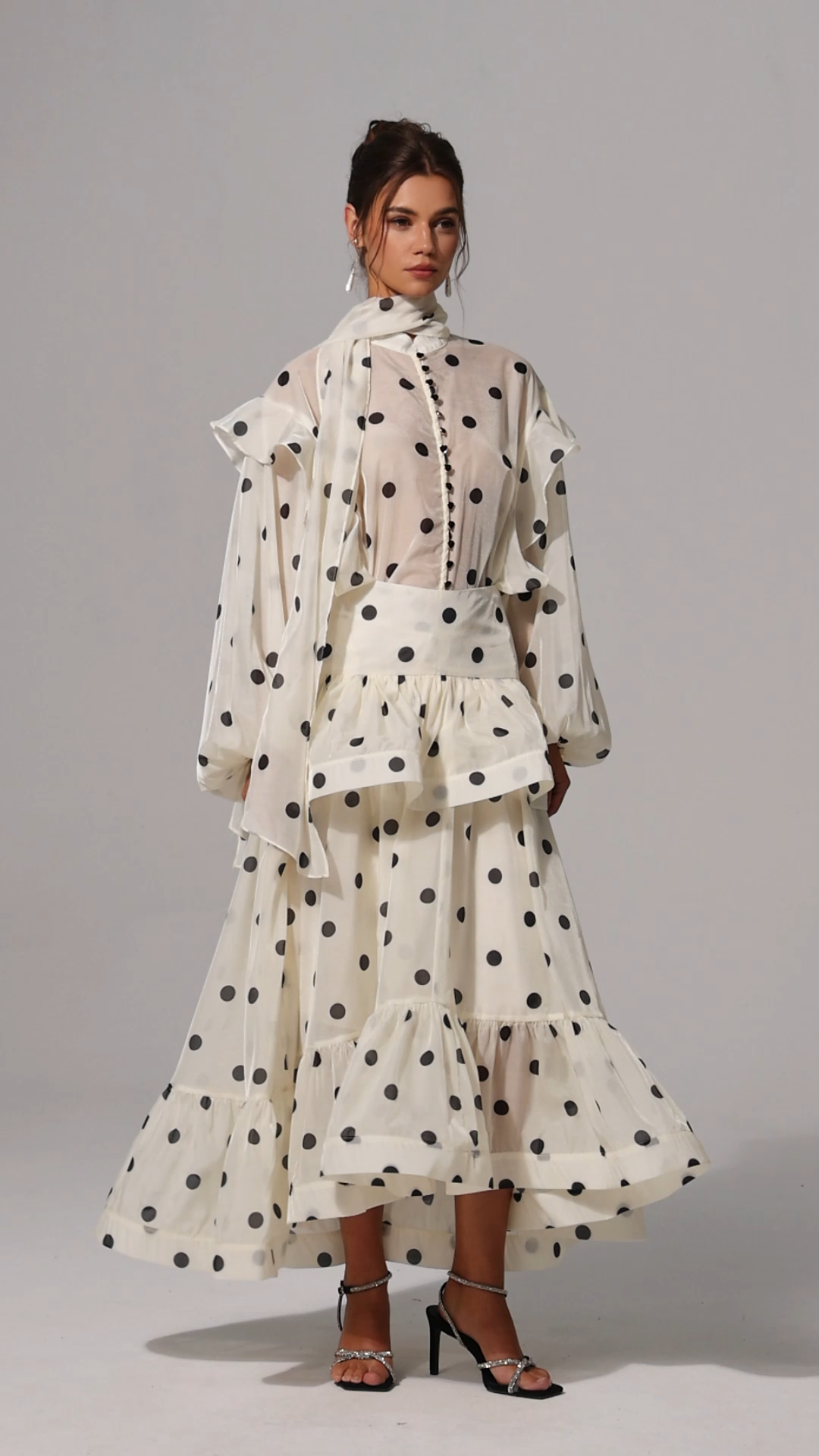 Rode Dot Printed Folds Long Sleeves Top And Skirt Two-Piece Set
