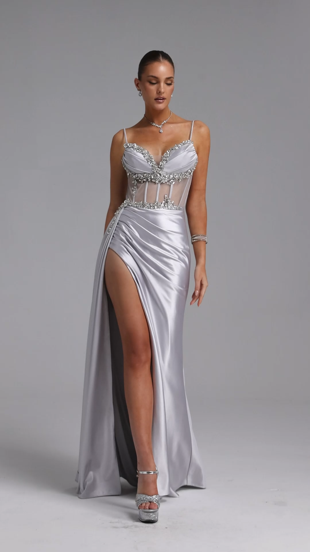 Reagan Glamorous Tailored Rhinestone Pleated Satin Maxi Dress