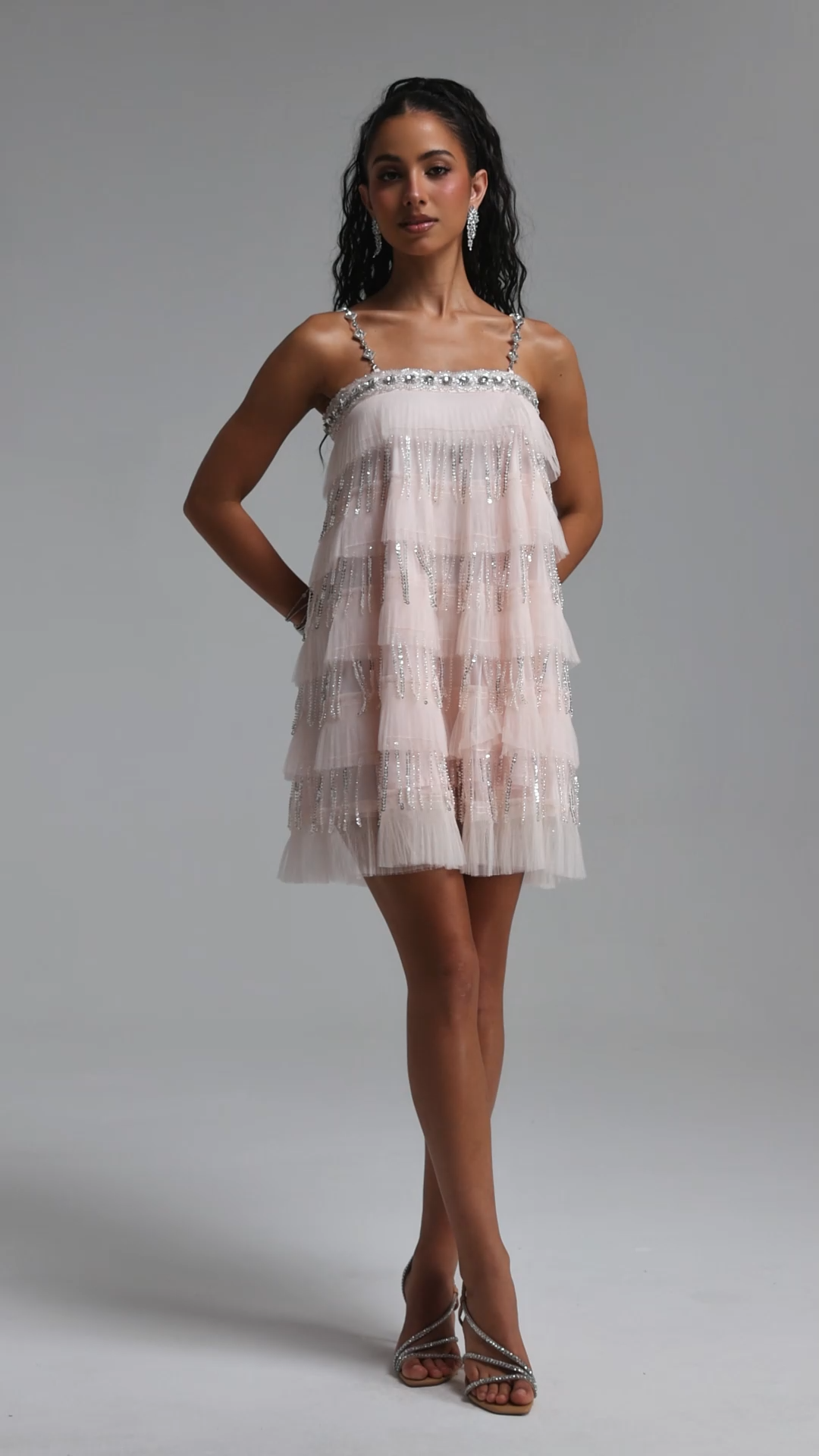 Umeko Elegant Flowy Tiered Ruffle Sequin Mini Dress