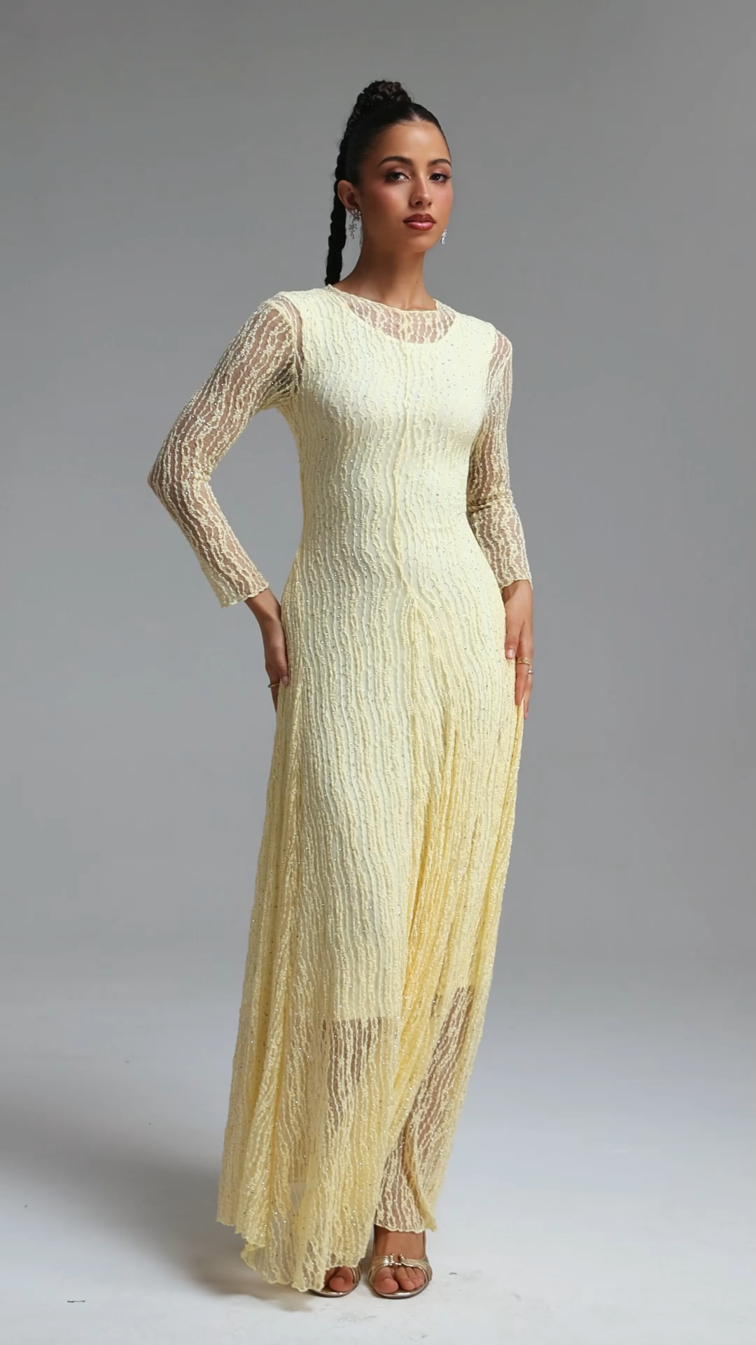 Taylor Elegant Contour Long Sleeve Diamond Draped Lace Apricot Maxi Dress