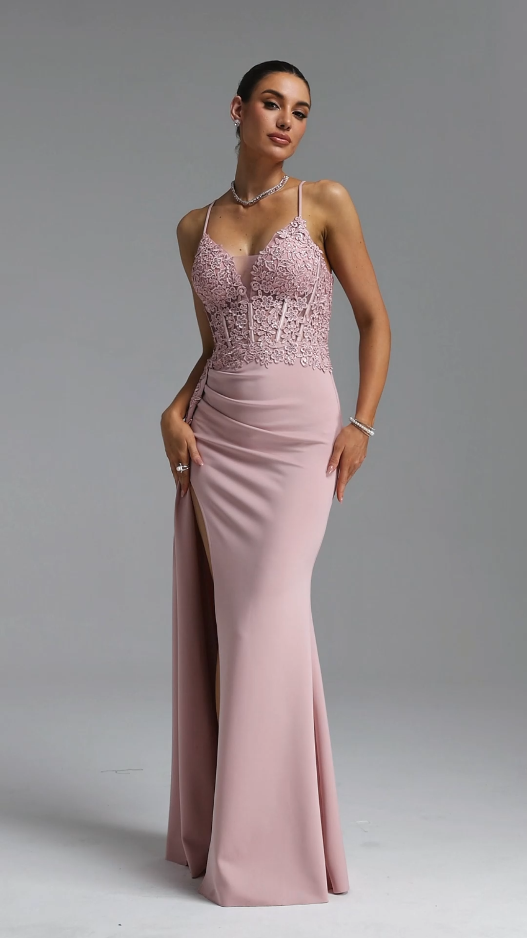 Jaelyn Elegant Waist-Cinching Thin Strap V-Neck Lace Beaded Ruched Satin High Slit Bodycon Mermaid Maxi Evening Dress