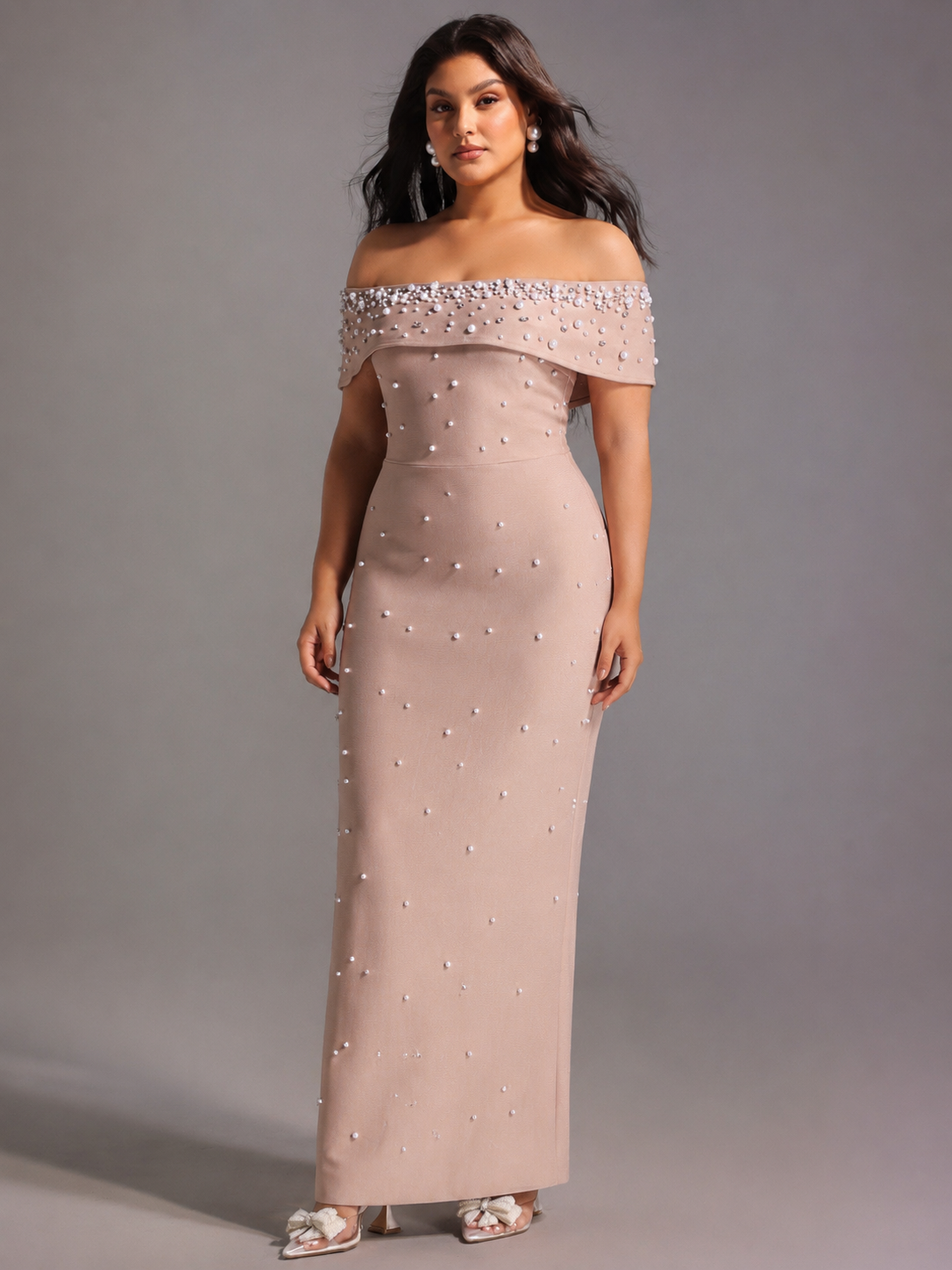 Isme Elegant Contour Off Shoulder Pearl Rhinestone Bandage Maxi Dress