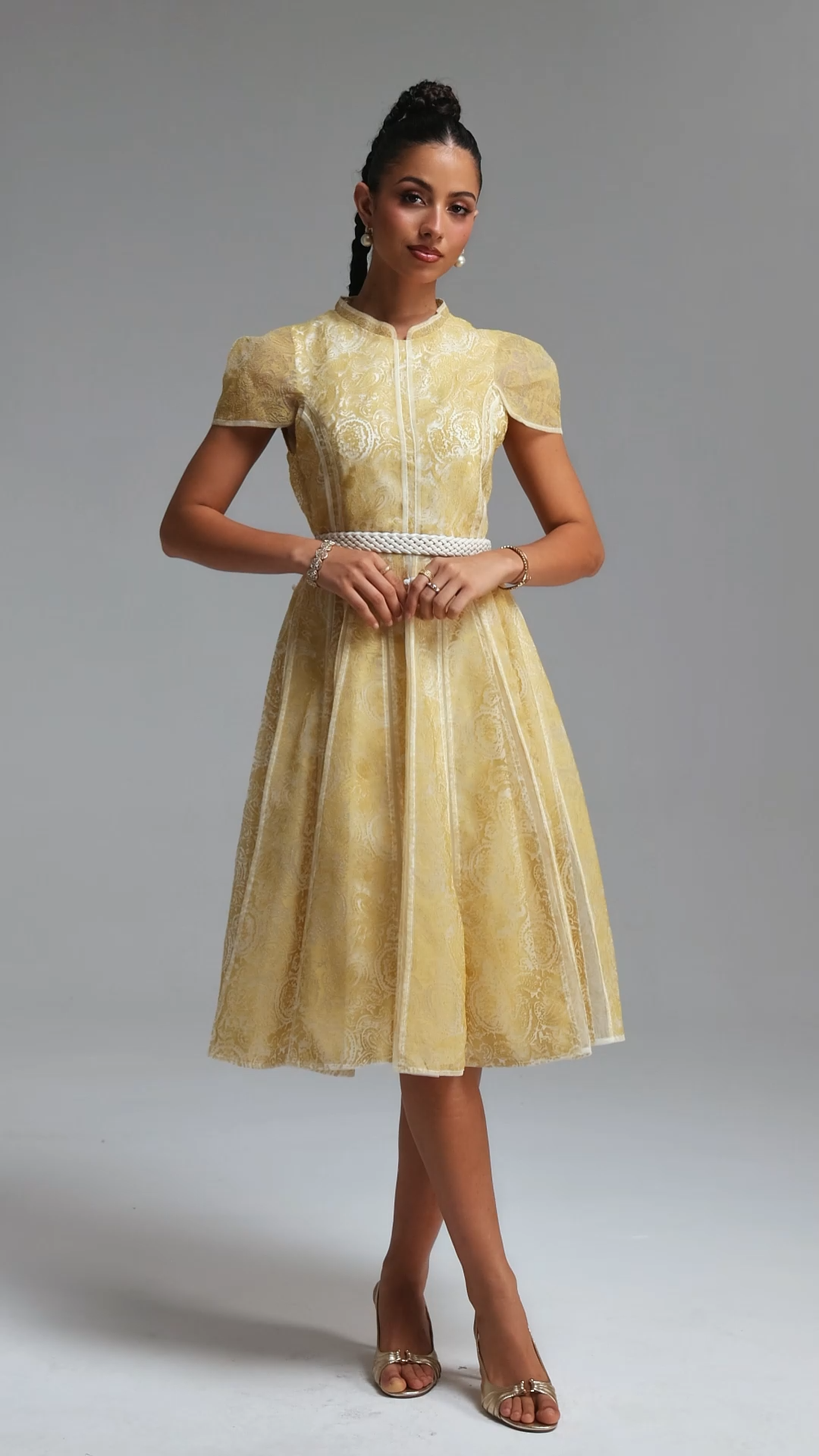 Rosita Elegant Cinched Waist Stand Collar Short‑Sleeve Paisley Woven Maxi Dress