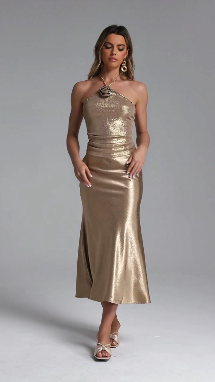 Fabia Chic Contour Halter Floral Knit Top and Satin Maxi Skirt Set