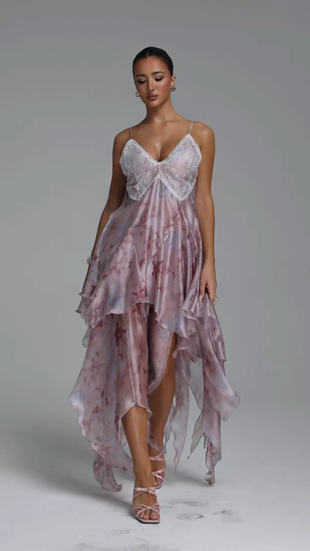 Yuni Resort Flowy Spaghetti Strap Lace Trimmed Asymmetric Ruffle Woven Maxi Dress