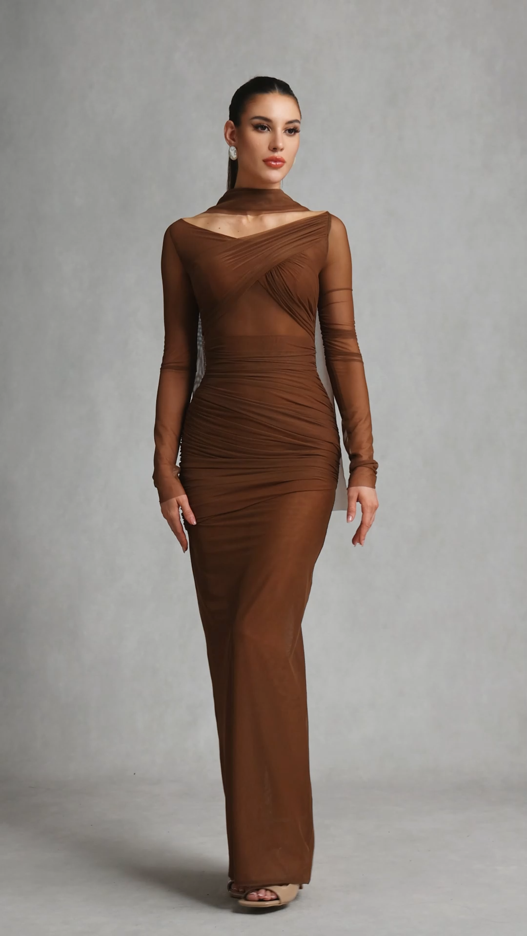 Zimino Long Sleeve Ruched Tulle Maxi Dress