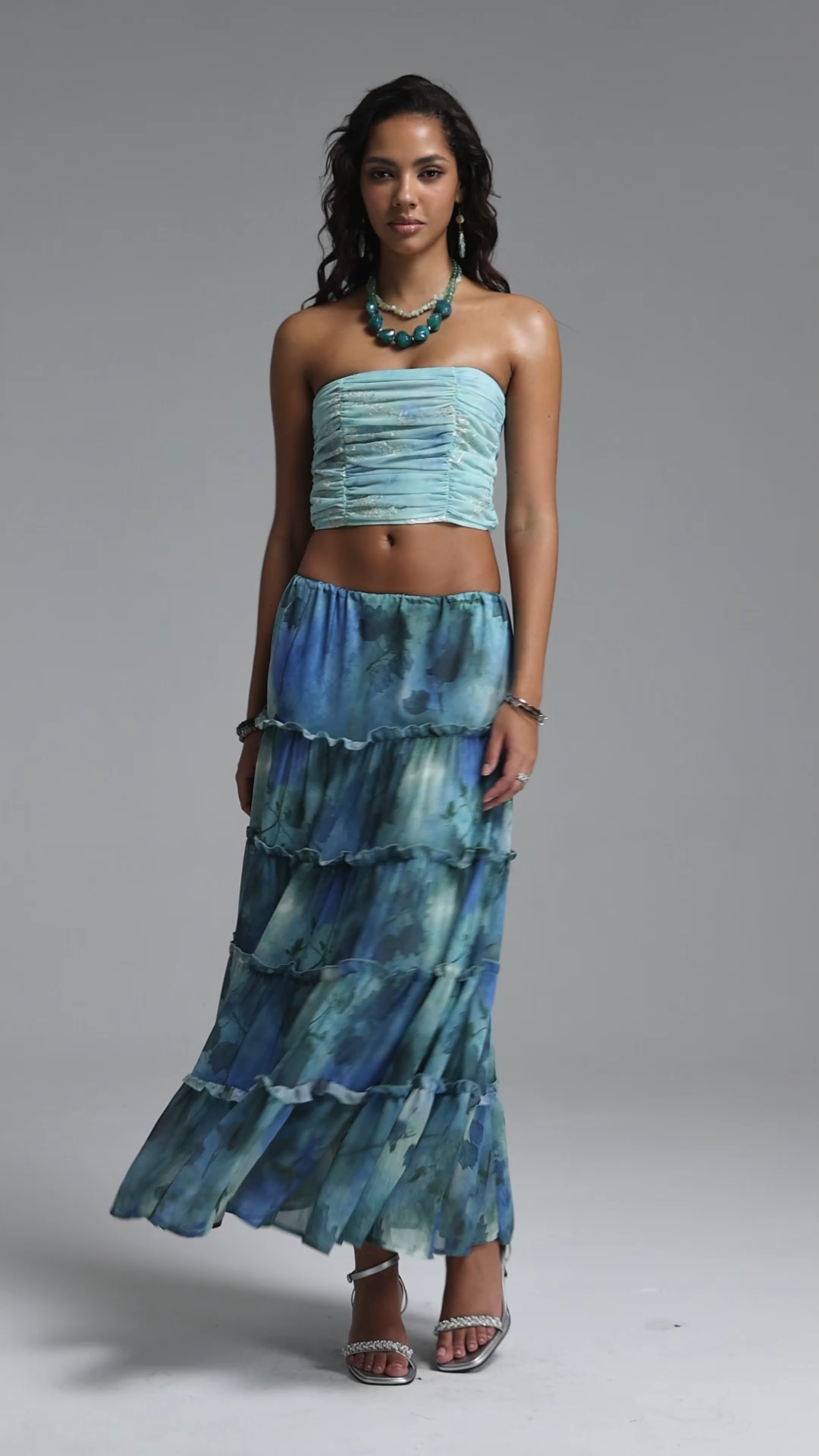 Gala Resort Flowy Strapless Ruffle Print Woven Top and Skirt Two Piece Set