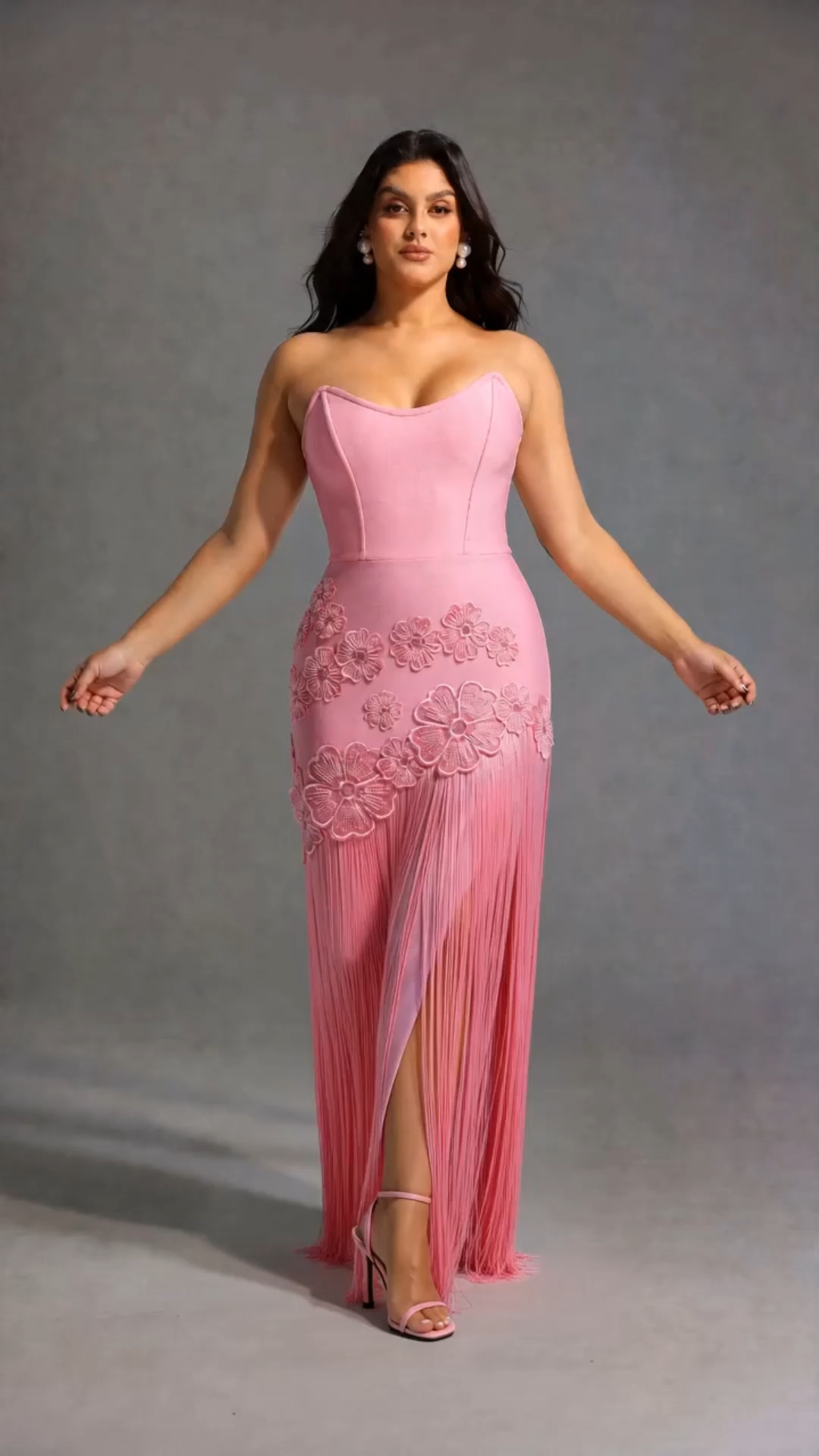 Ezgi Chic Contour Strapless Floral Fringe Bandage Maxi Dress
