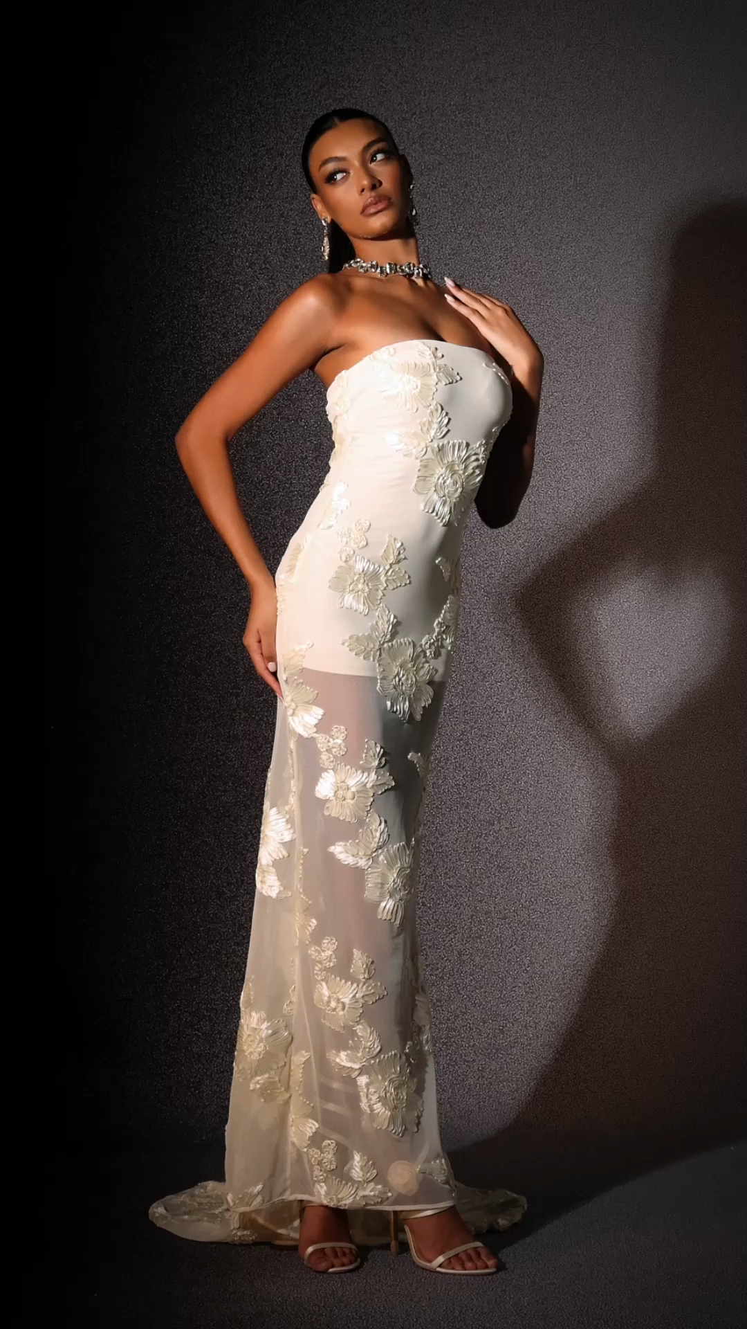 Deliyn Strapless Embroidery Flower Mesh Maxi Dress