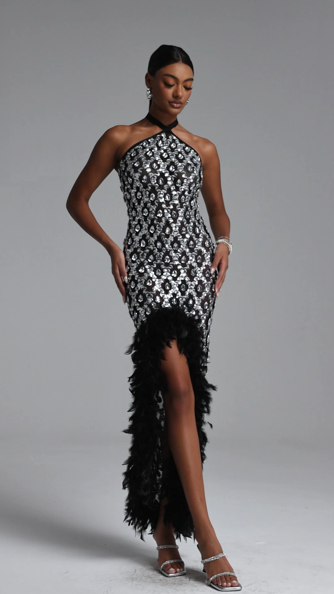 Raola Glamorous Contour Halter Rhinestone Sequin Feather Maxi Dress