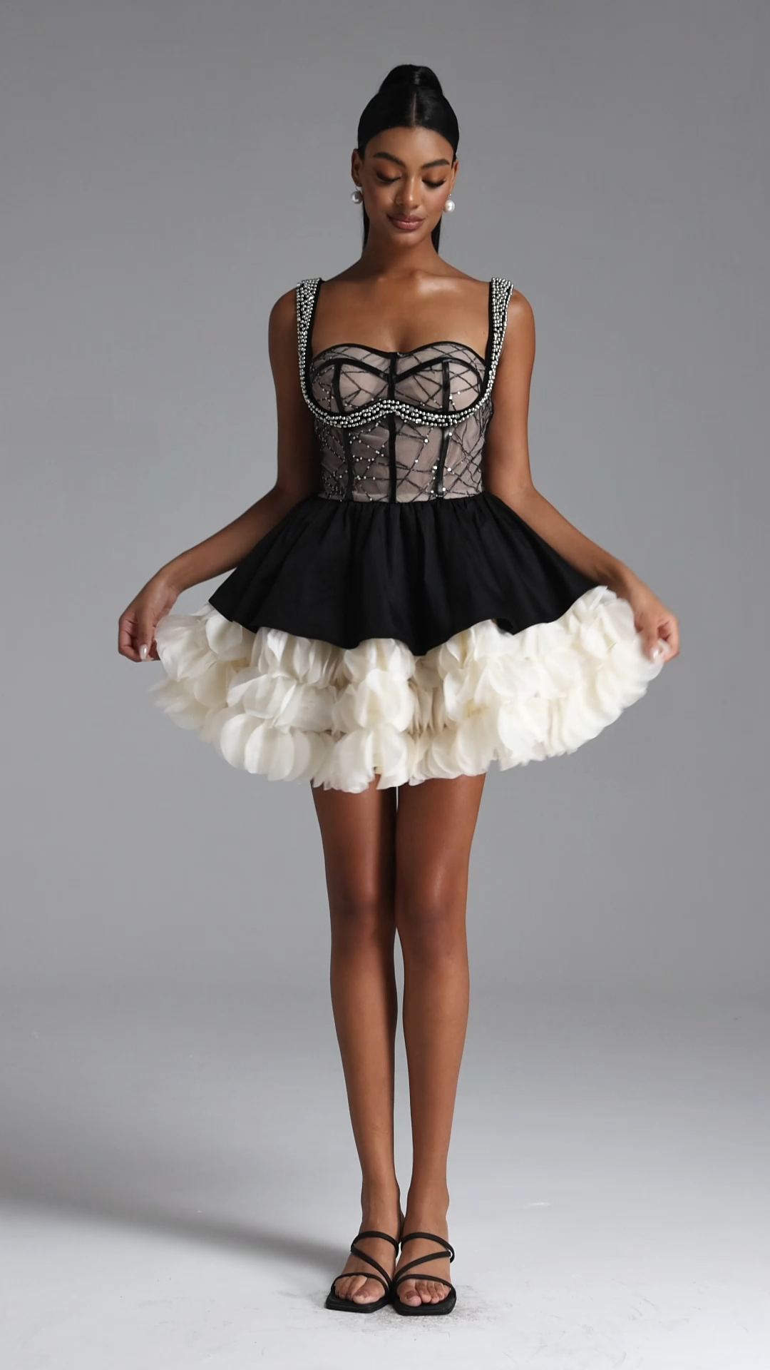 Kiavia Romantic Contour Beaded Sequin Petal Mini Dress