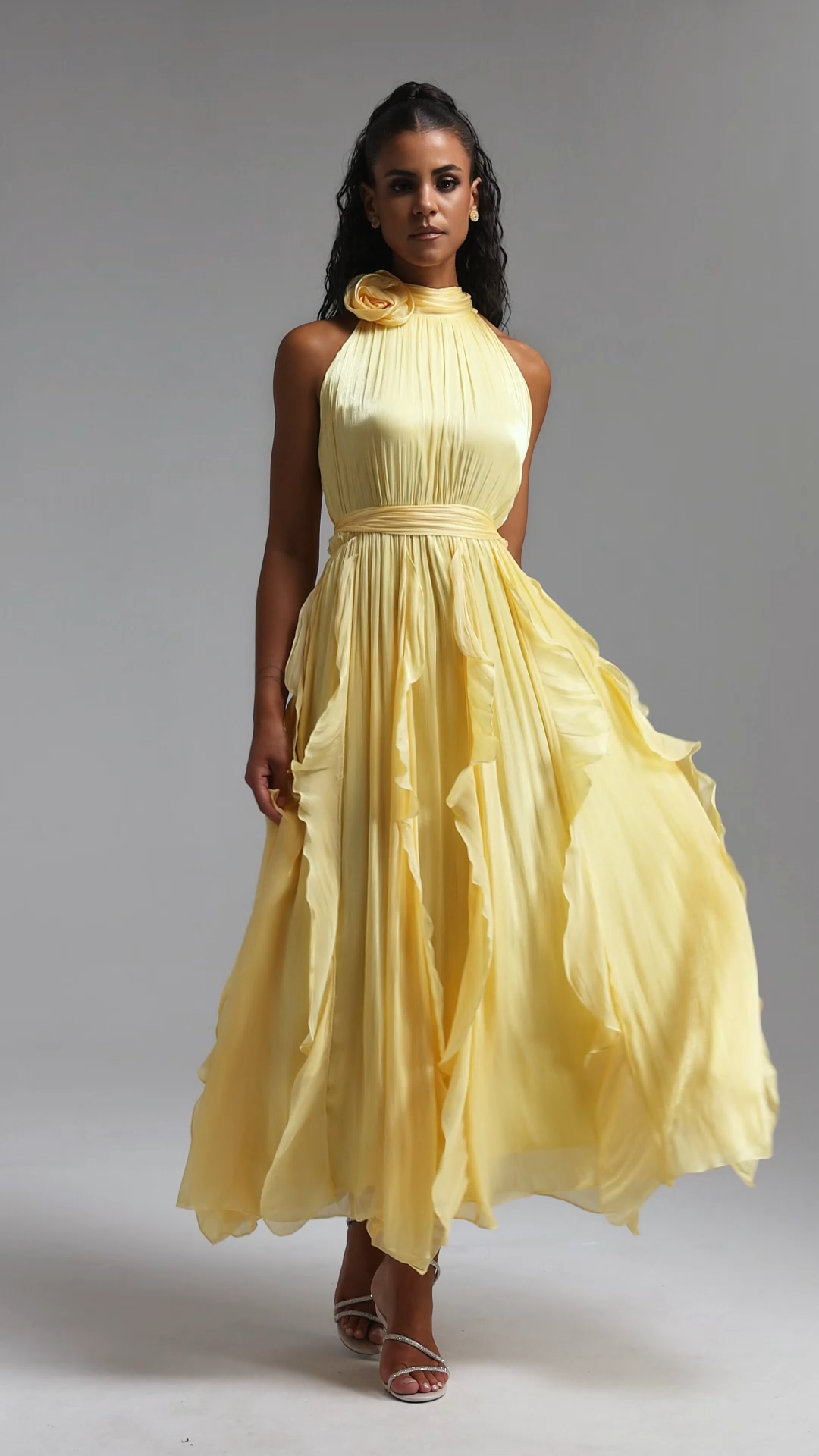 Uano Elegant Halter Rosette Tie Waist Ruffled Yellow Maxi Dress