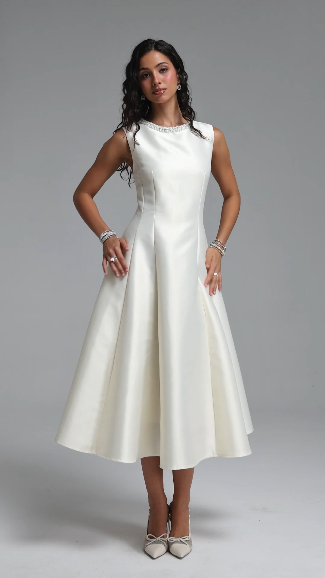 Velma Minimalist Cinched-Waist Sleeveless Pearl Rhinestone A-Line Maxi Dress