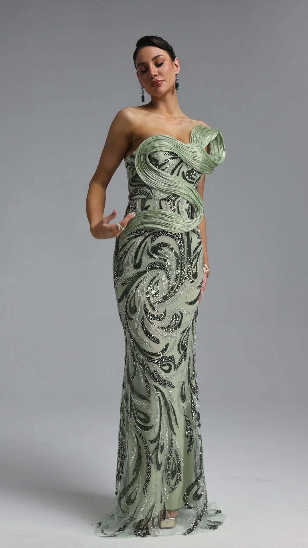 Kanre One Shoulder Twist Pleated Beaded Sequin Maxi Dress