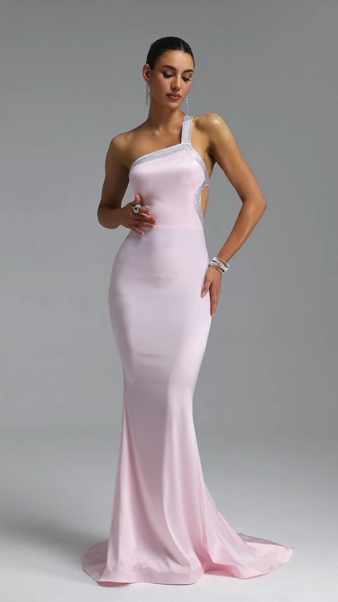 Dido Elegant Waist-Cinching Asymmetrical Thin Strap Rhinestone Trim Backless Satin Mermaid Train Maxi Evening Dress