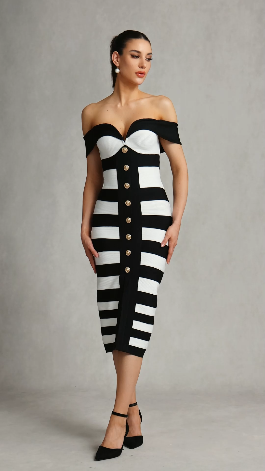 Korasa Off Shoulder Symmetrical Stripe Bandage Midi Dress