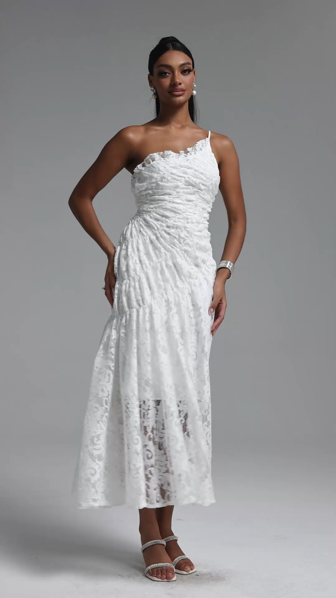Rafaela Elegant Waist-Cinched One Shoulder Ruched Lace Maxi Dress