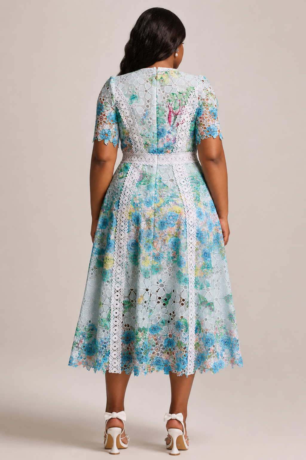 Pillose Resort Cinched Round Neck Short Sleeve Floral Print Lace Green Maxi Dress