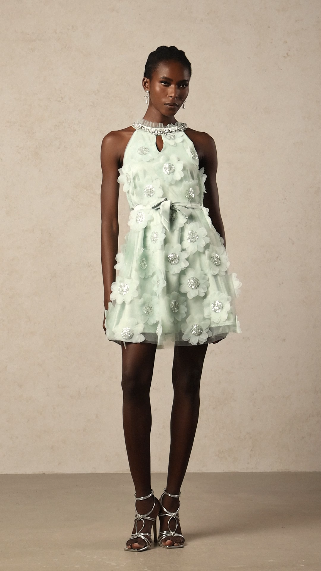 Mikin Sleeveless Round Neck Diamond Flowers Mini Dress